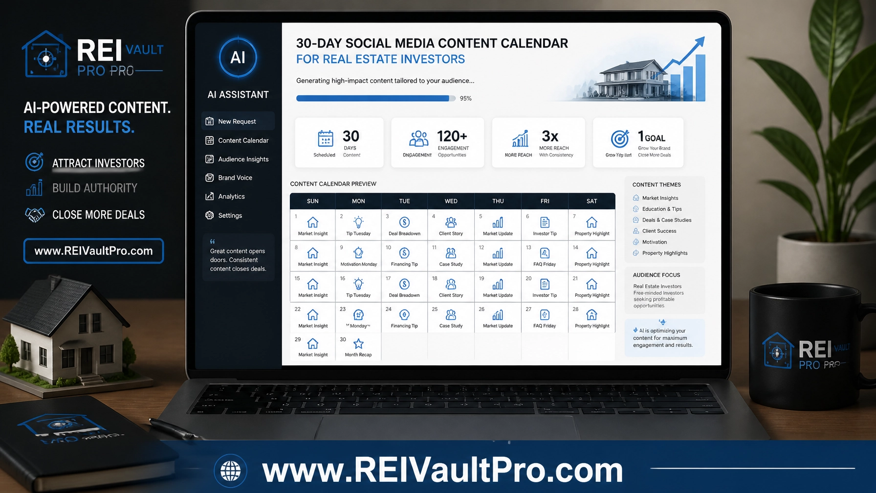 Digital workspace showing AI-generated content calendar for real estate