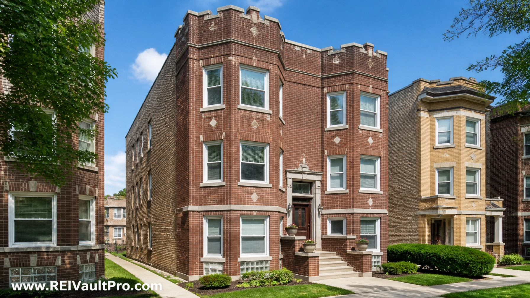 A professional photograph of a classic Chicago brick three-flat apartment building.
