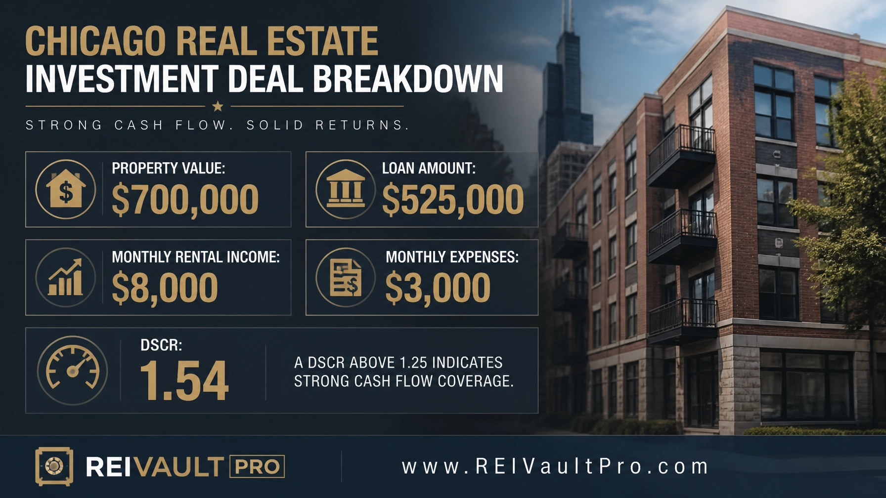 Financial breakdown graphic showing DSCR calculation for a $700,000 Chicago property.