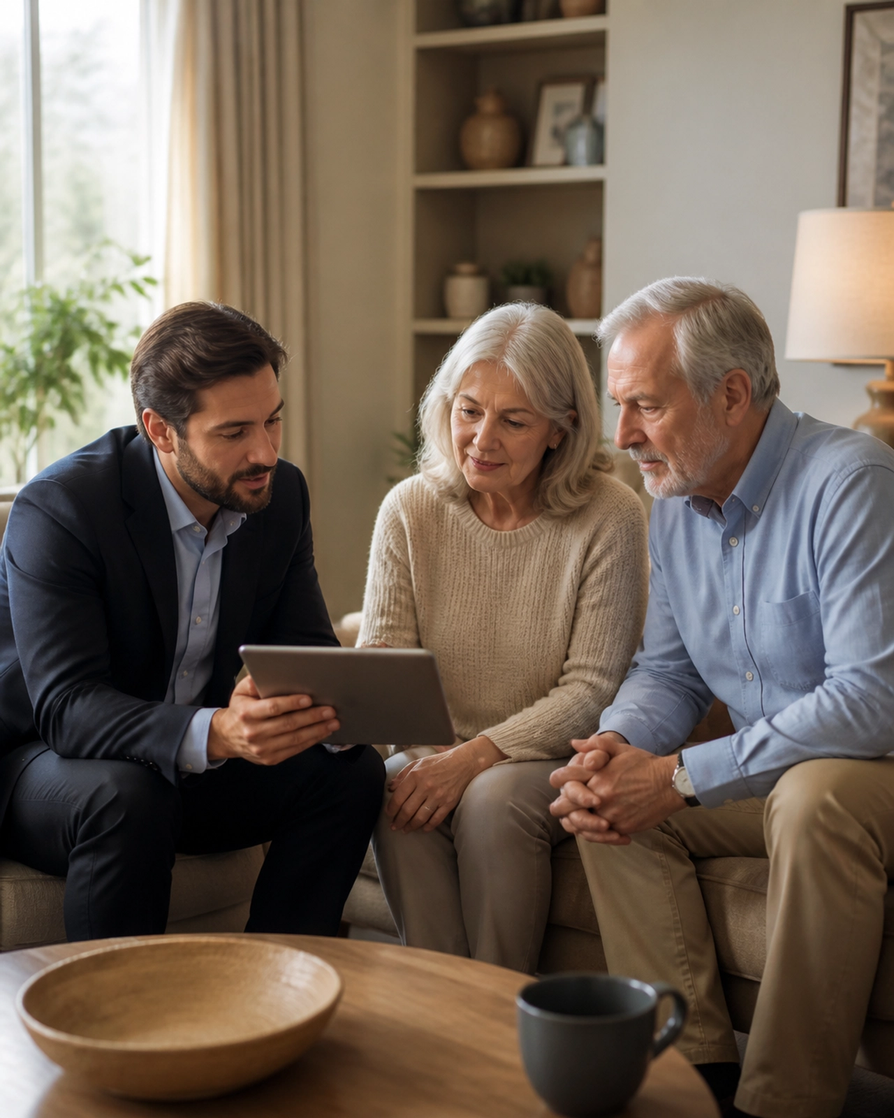 Professional consultant showing a tablet to an elderly couple in a warm living room