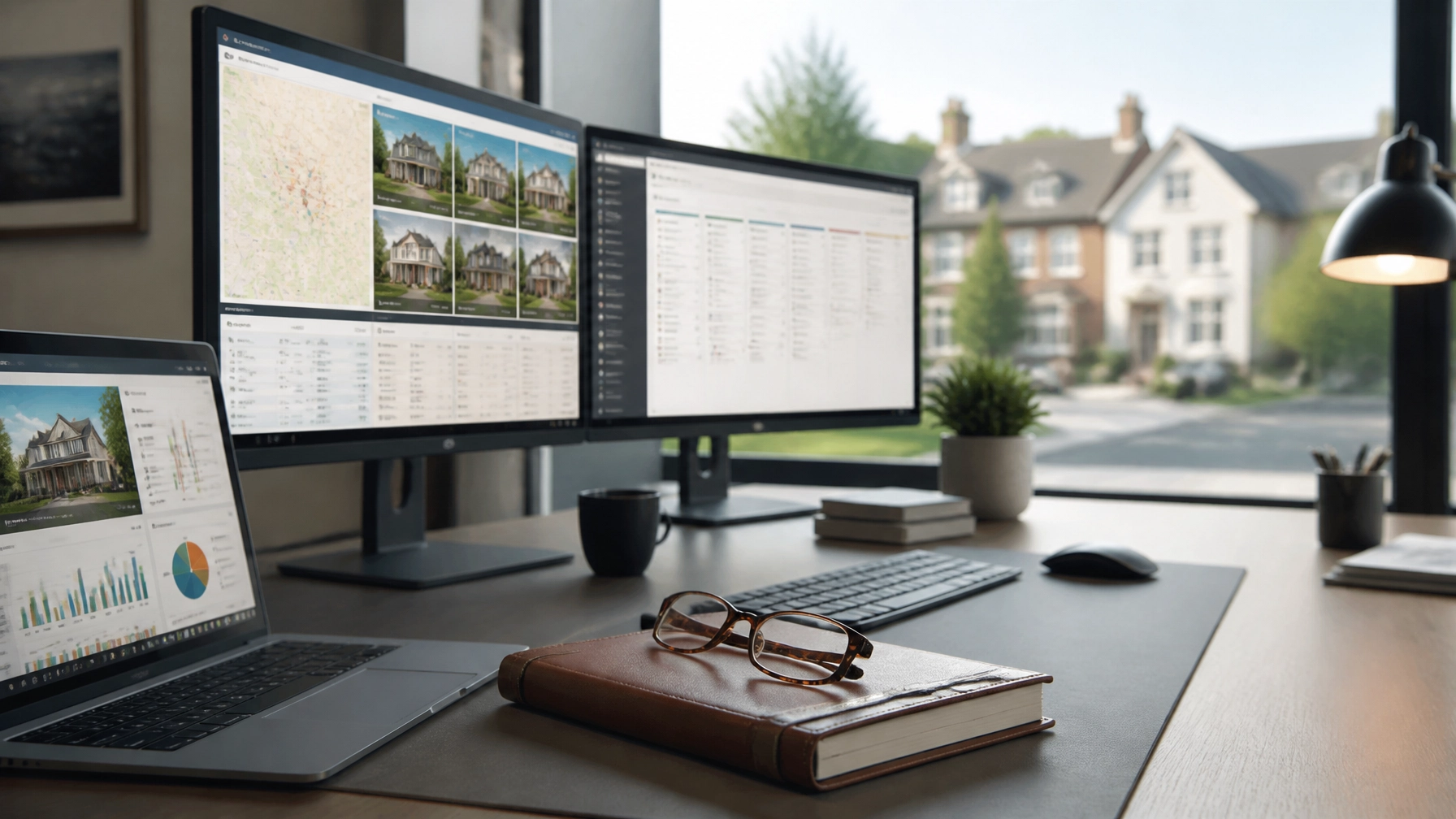 Contemporary office desk with multiple monitors displaying property data
