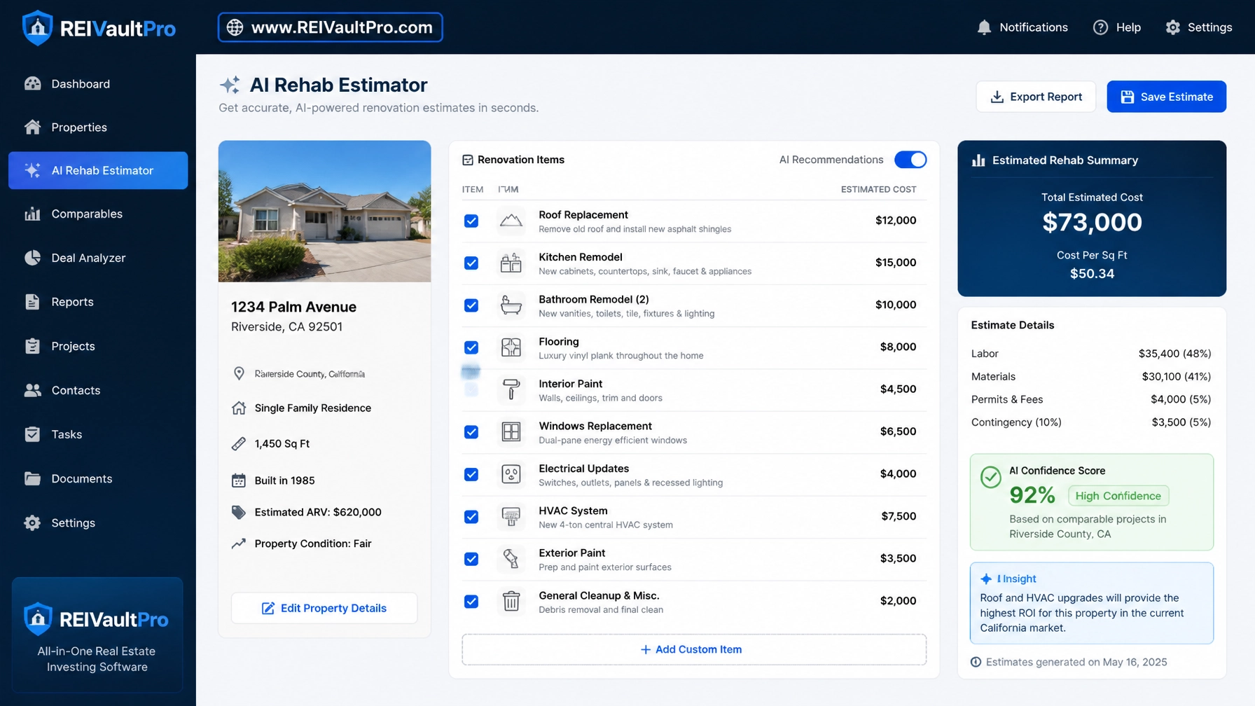 Professional real estate software interface showing an AI Rehab Estimator tool with a renovation checklist.