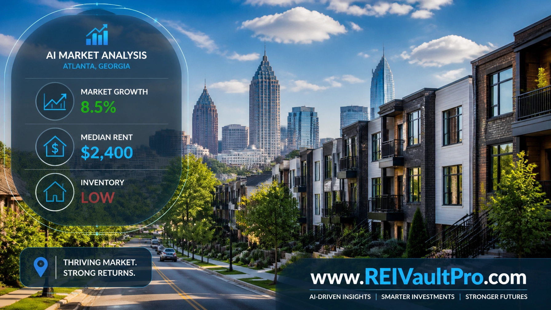 Landscape shot of a modern residential neighborhood with AI market analysis data bubble overlays.
