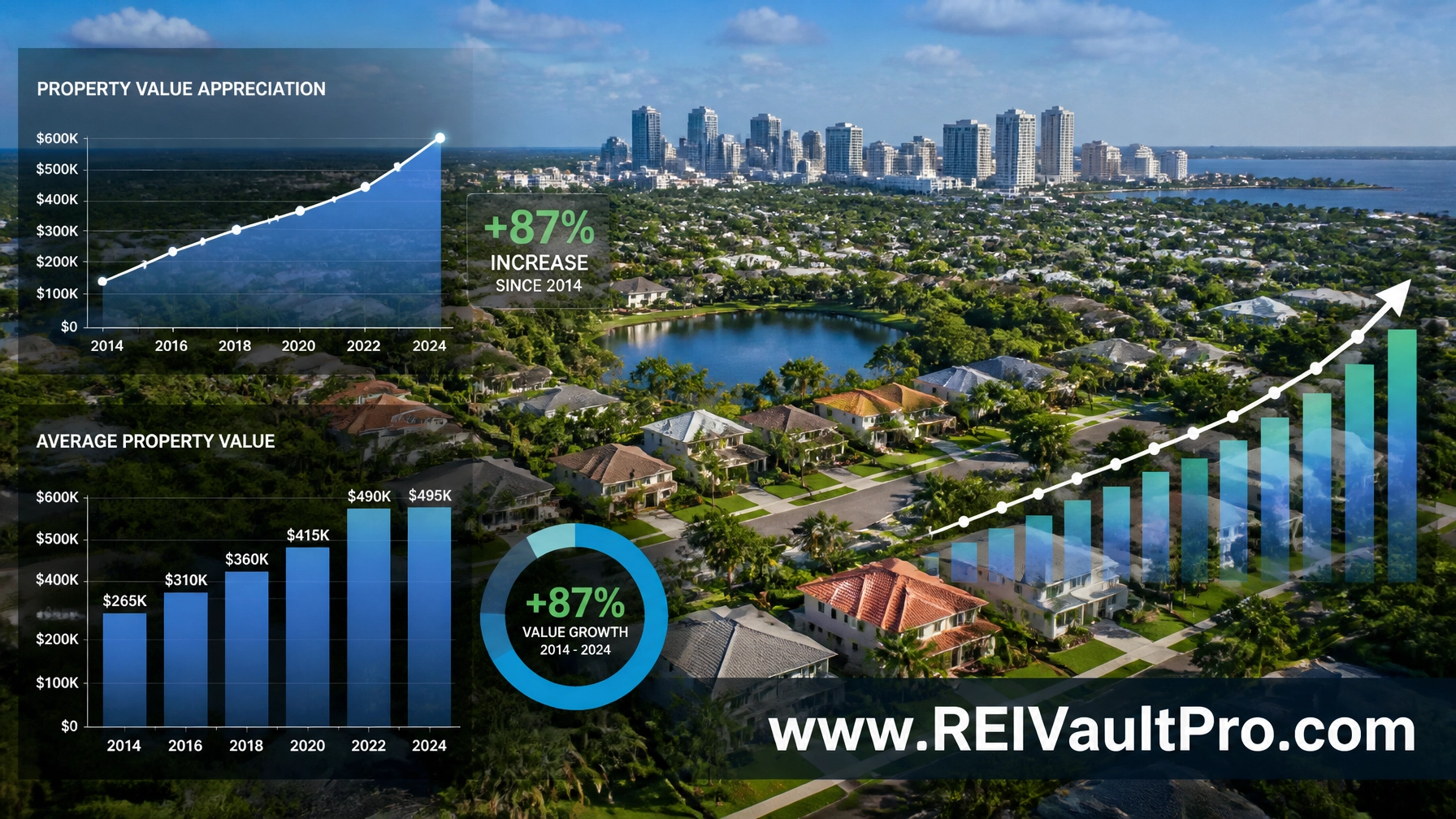Aerial view of a Tampa neighborhood with financial charts.