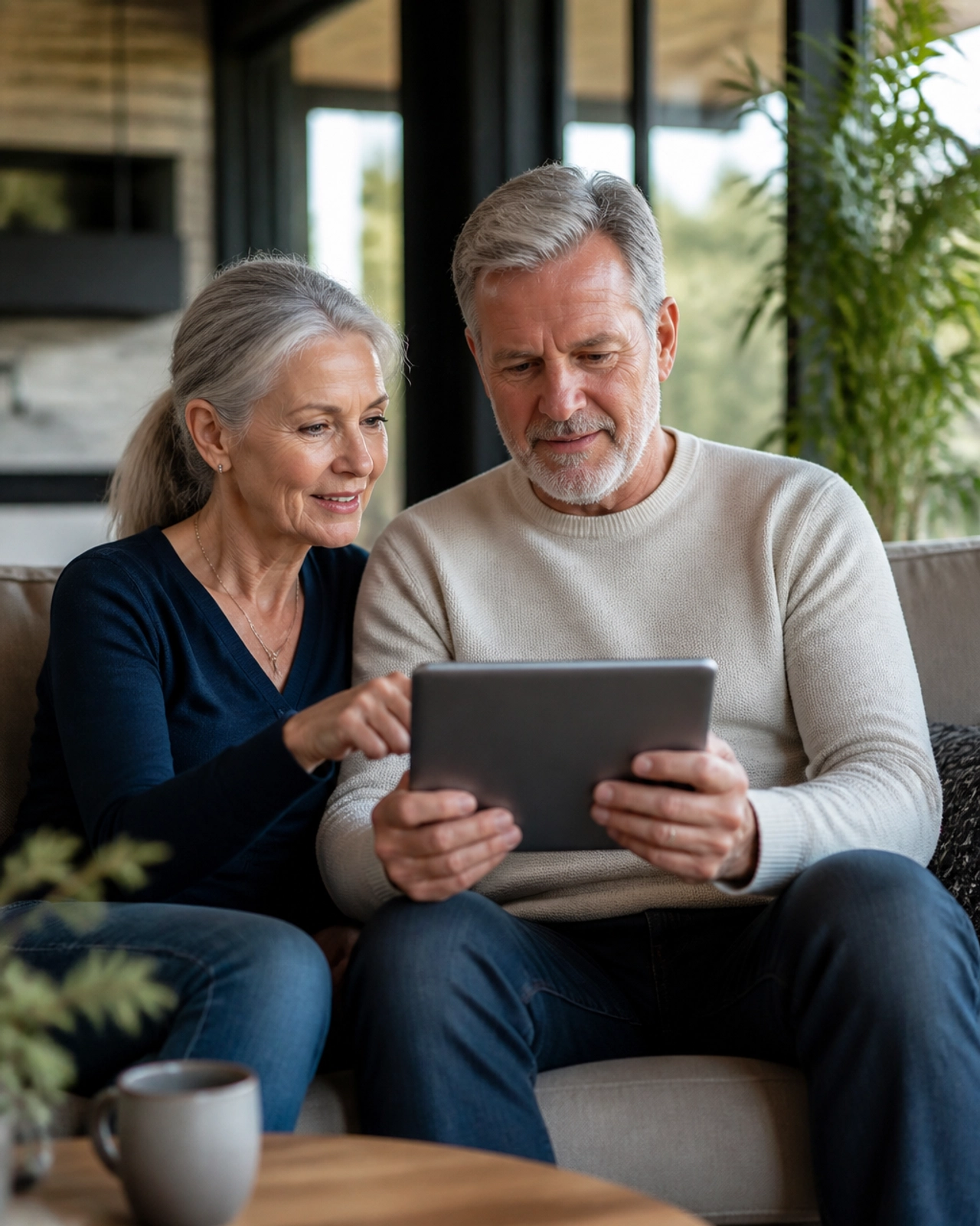 An active senior couple reviewing investment data on a tablet in a sunlit room