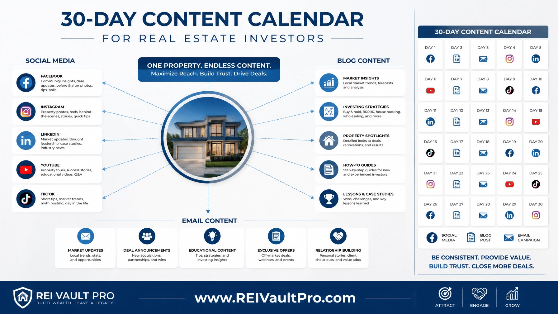 Professional 30-day content calendar graphic for a real estate investor showing social media and email icons.