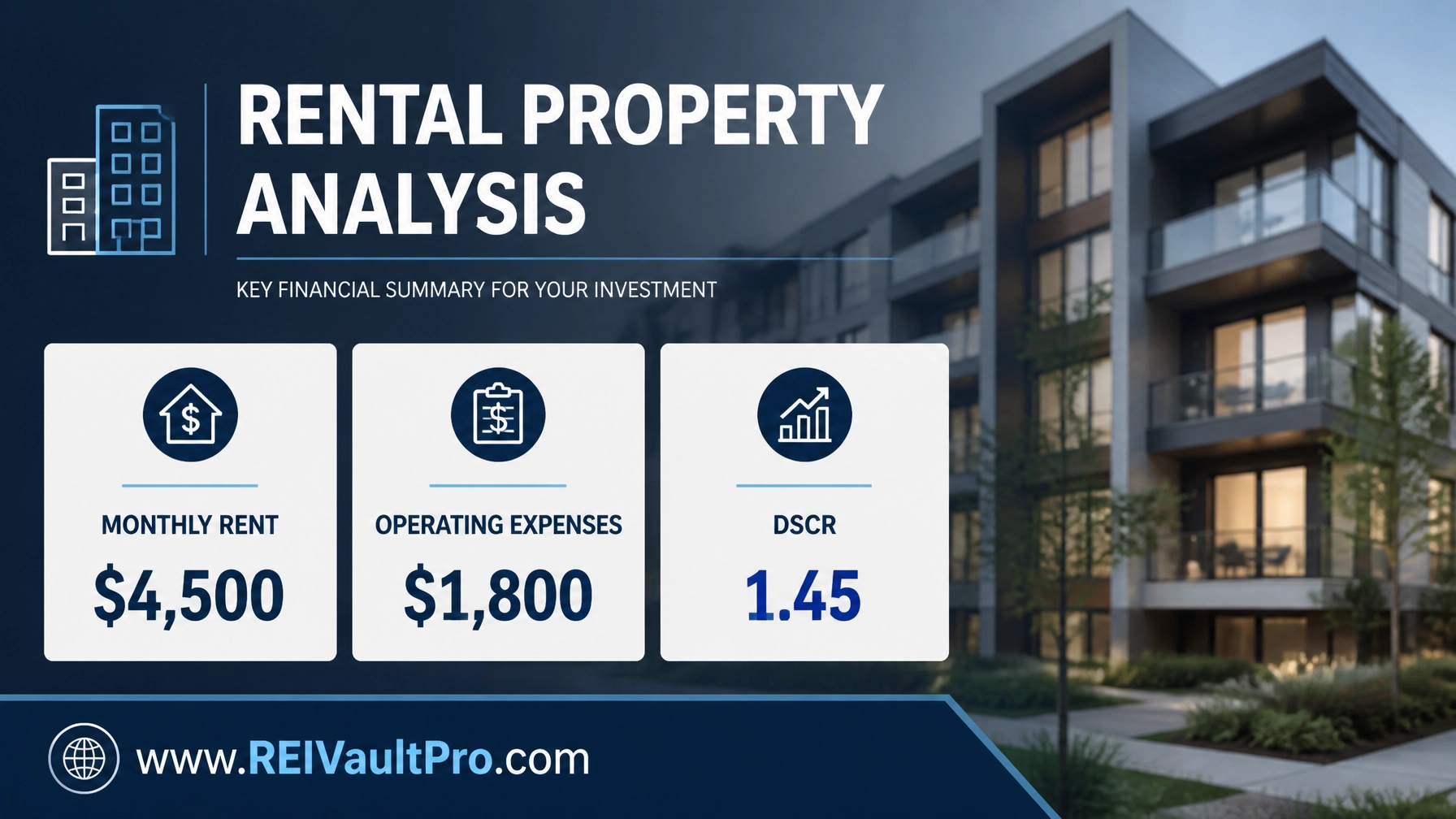 Rental Property Analysis graphic showing Monthly Rent, Operating Expenses, and DSCR ratio.