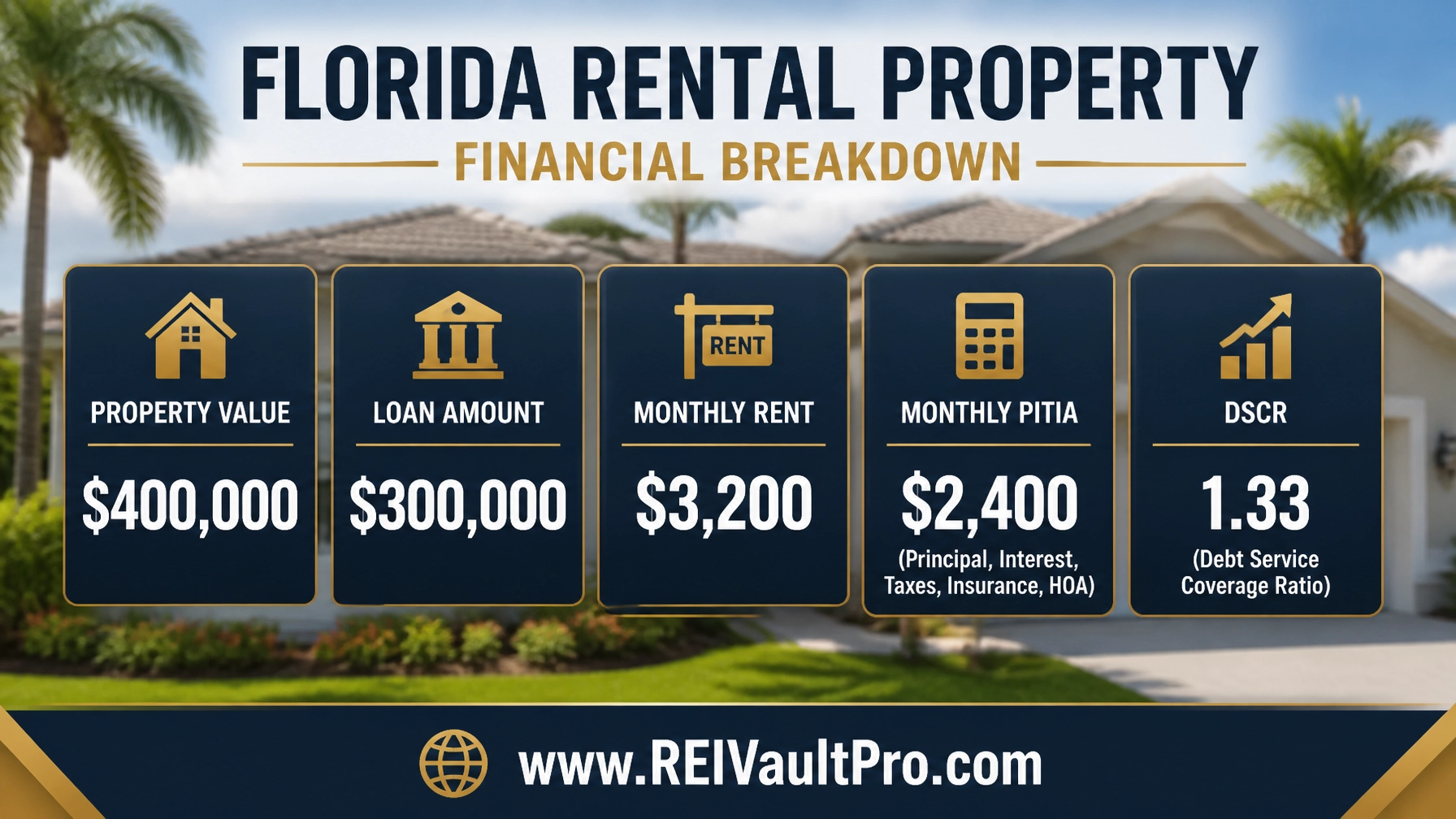 Financial breakdown graphic for a Florida rental property showing DSCR of 1.33