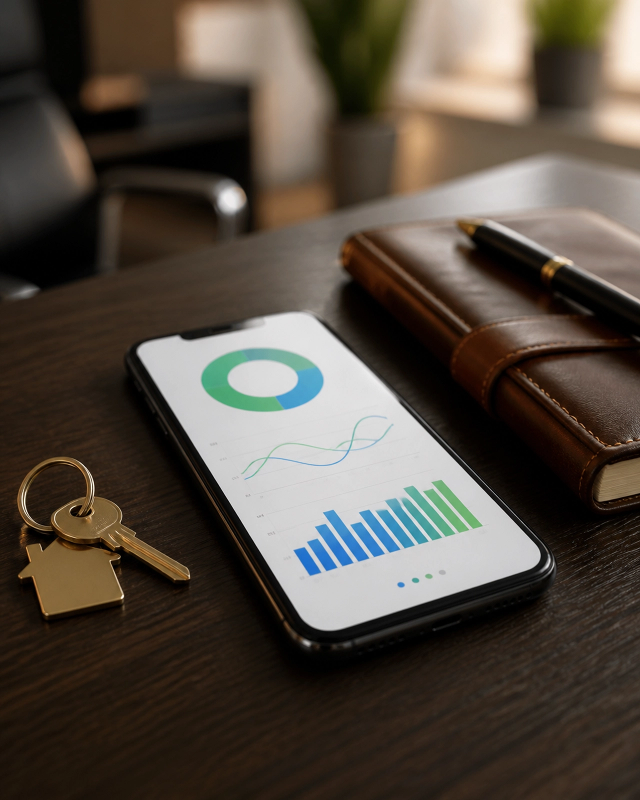 Modern smartphone and house keys on a desk