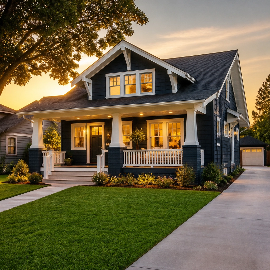 Renovated craftsman-style home at sunset