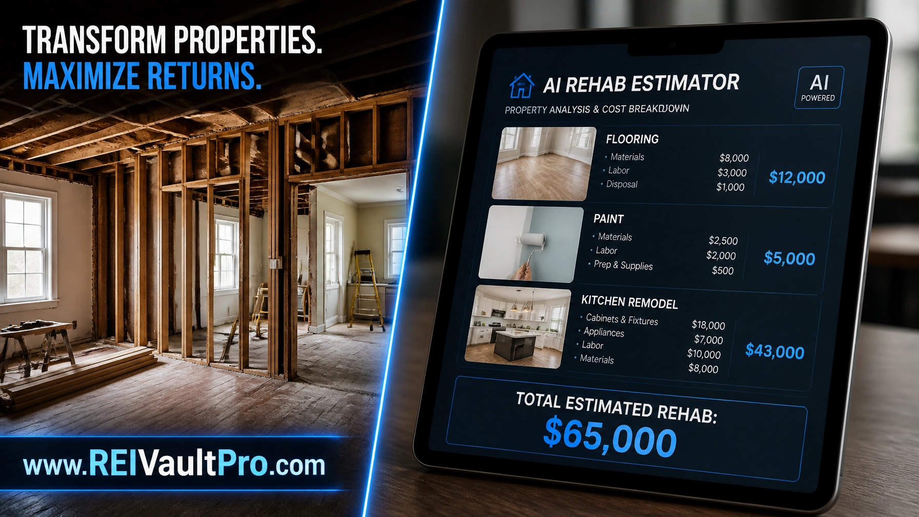 High-tech real estate construction vibe showing AI Rehab Estimator interface