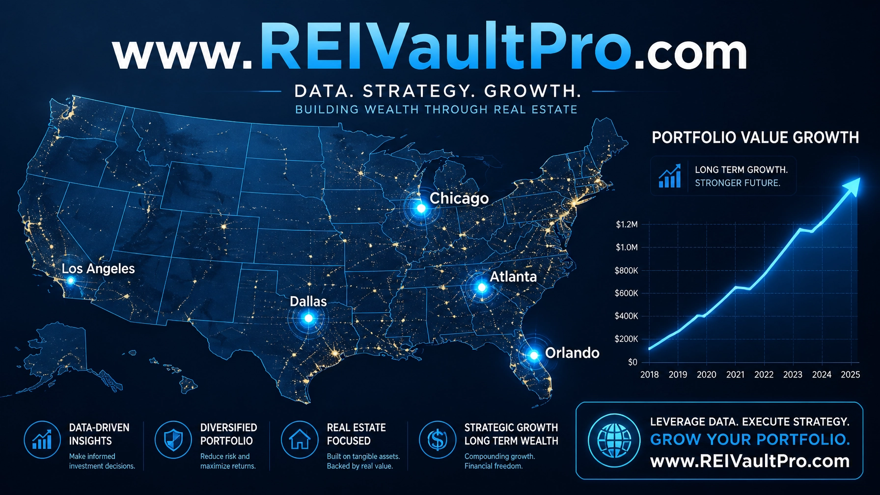 Data-driven US map showing portfolio growth trends in major cities