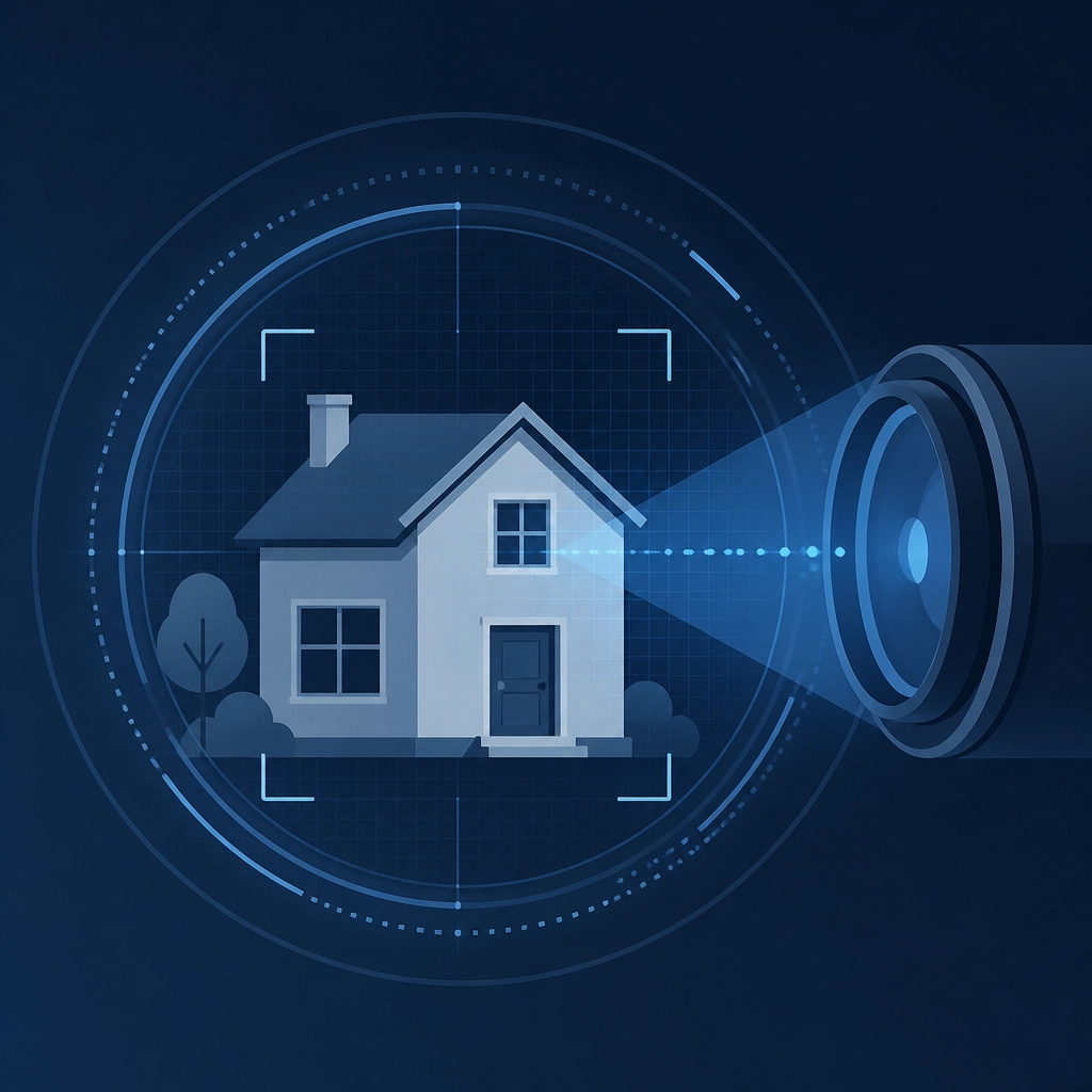 Minimalist graphic of a house icon being scanned by a digital lens