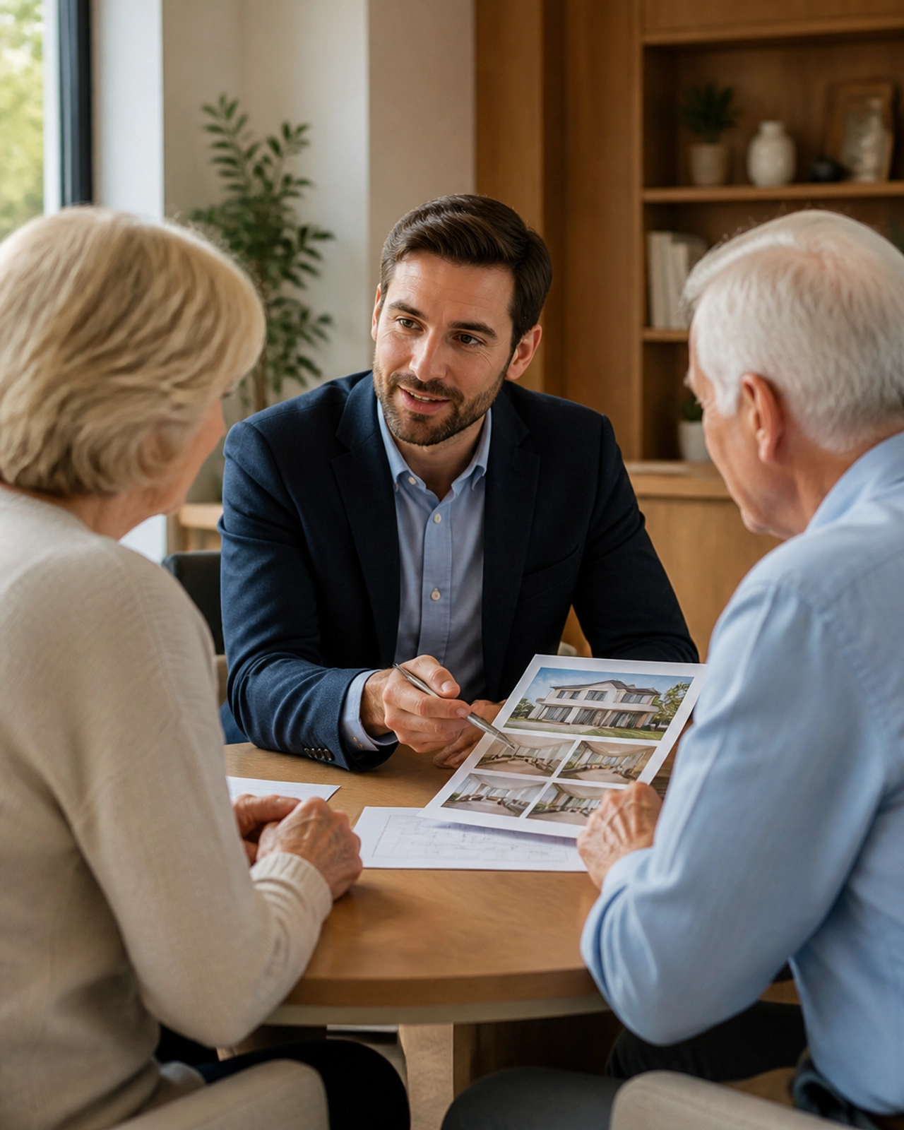 Professional advisor discussing property reports with a senior couple