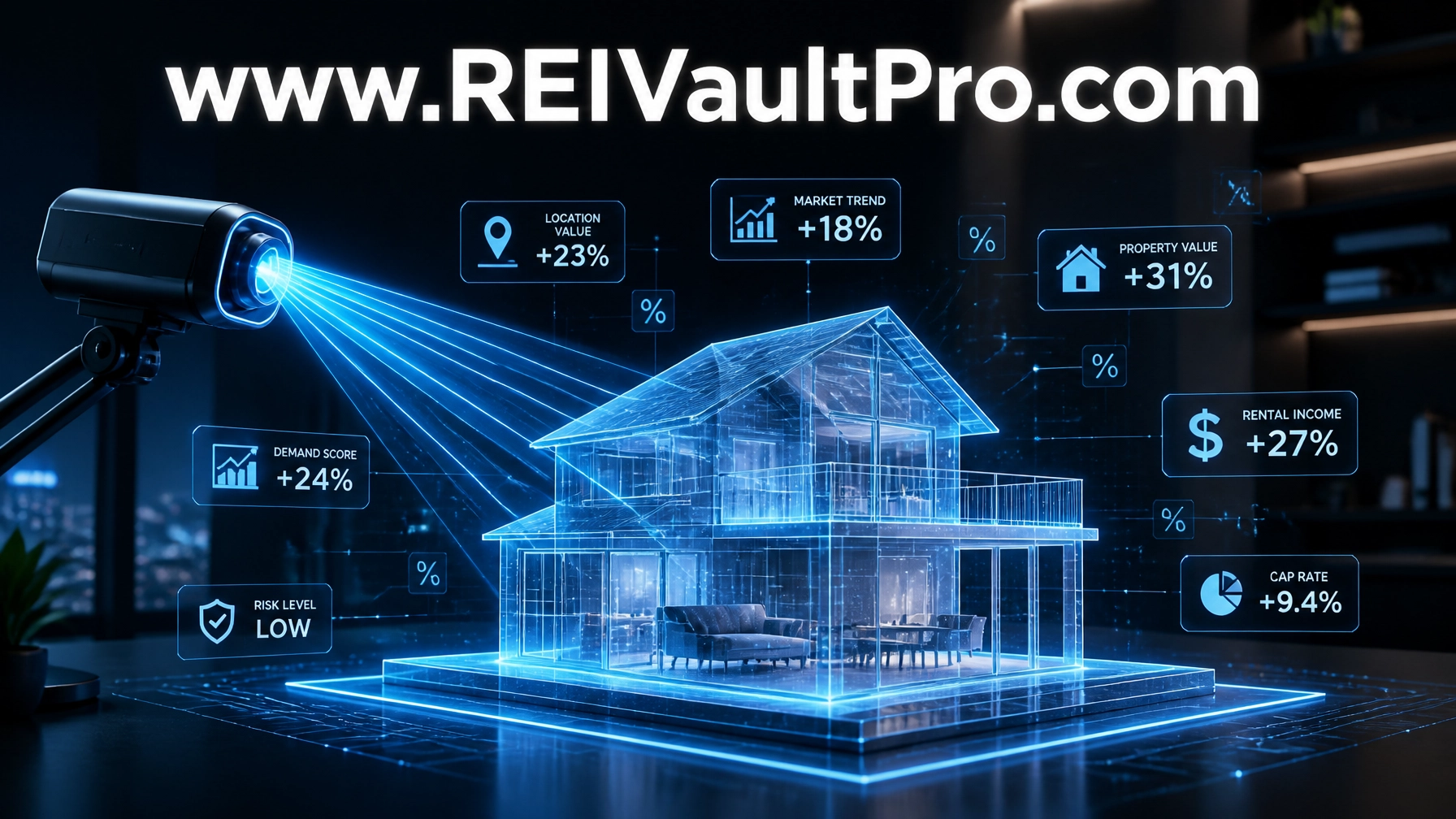 AI real estate analysis digital illustration with REIVaultPro.com website URL