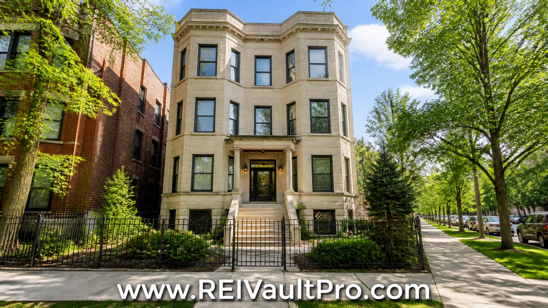 Chicago greystone 3-unit residential building with REIVaultPro.com website URL