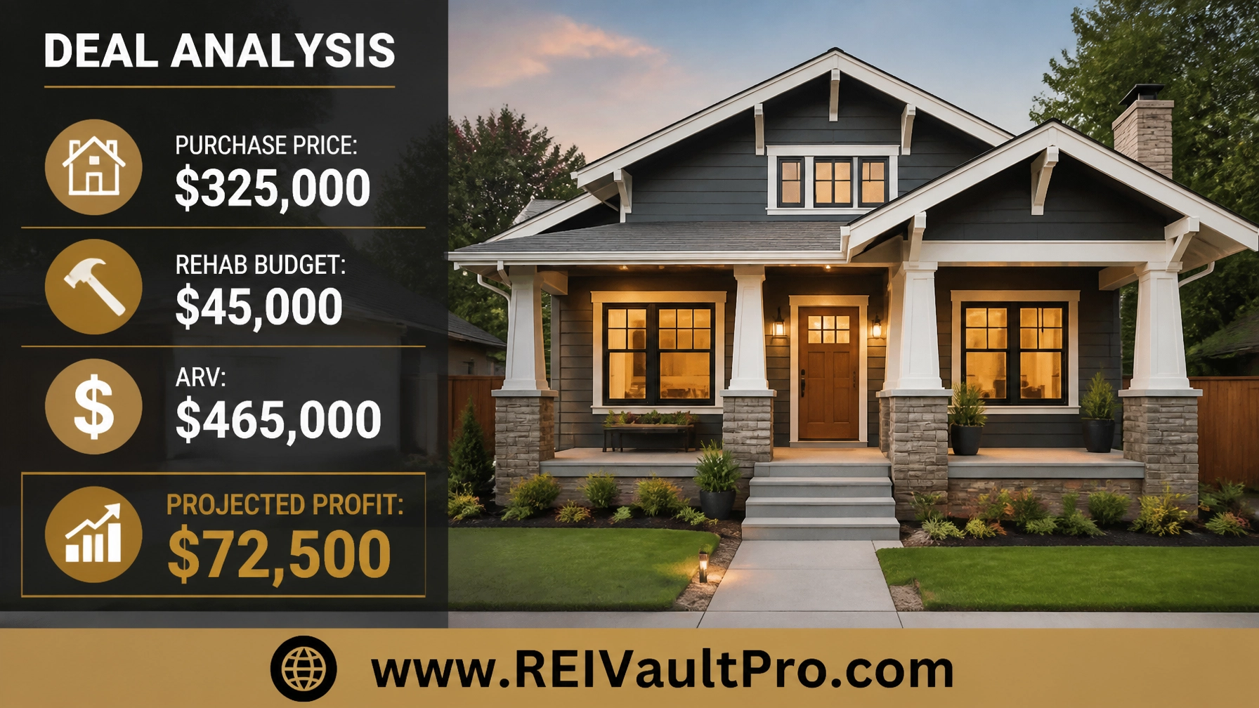 A detailed real estate deal analysis breakdown graphic showing Purchase Price, Rehab Budget, ARV, and Projected Profit.