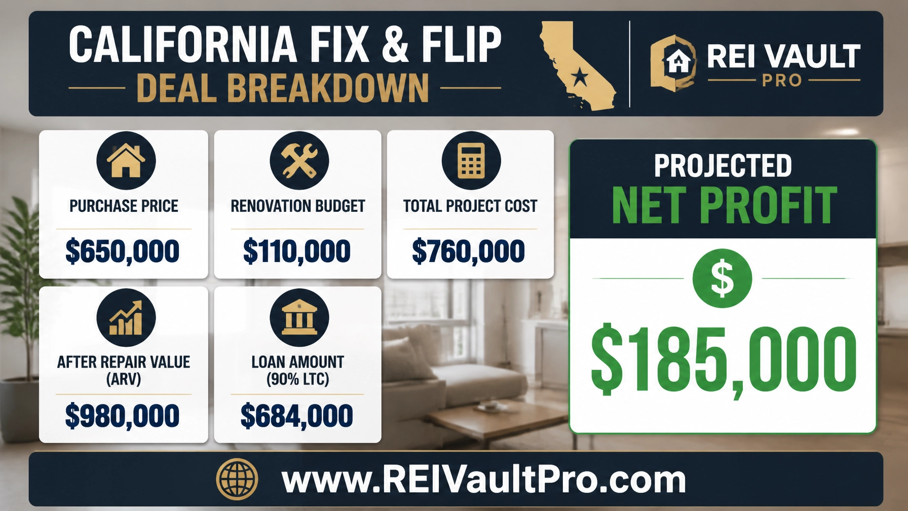 Professional financial infographic showing a fix-and-flip deal breakdown with $650k purchase, $110k rehab, $980k ARV, and $185k profit