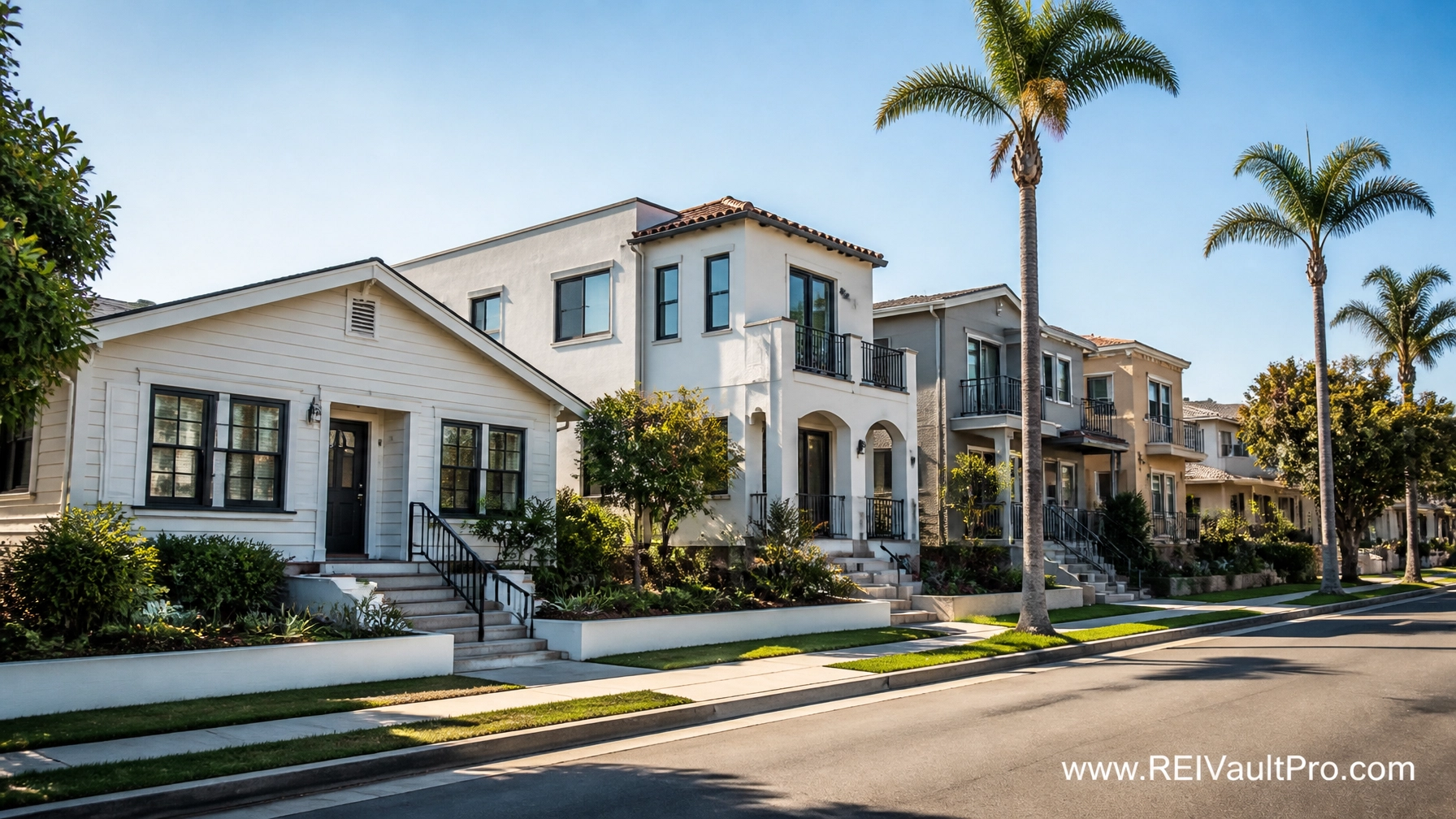 Sunny California street featuring a mix of residential properties suitable for fix and flip investments