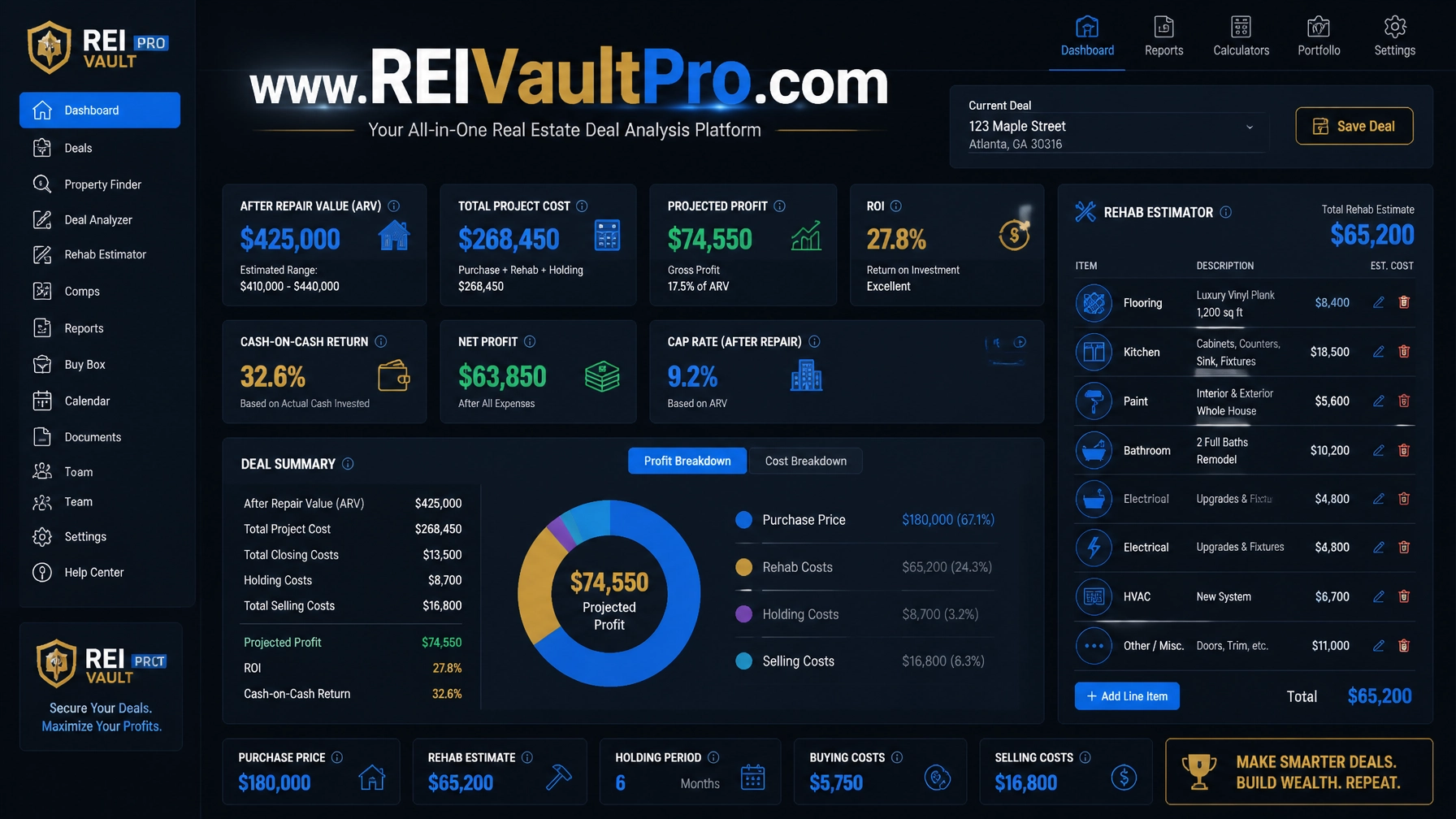 AI-powered software dashboard for real estate investors featuring a fix and flip deal analyzer and rehab estimator