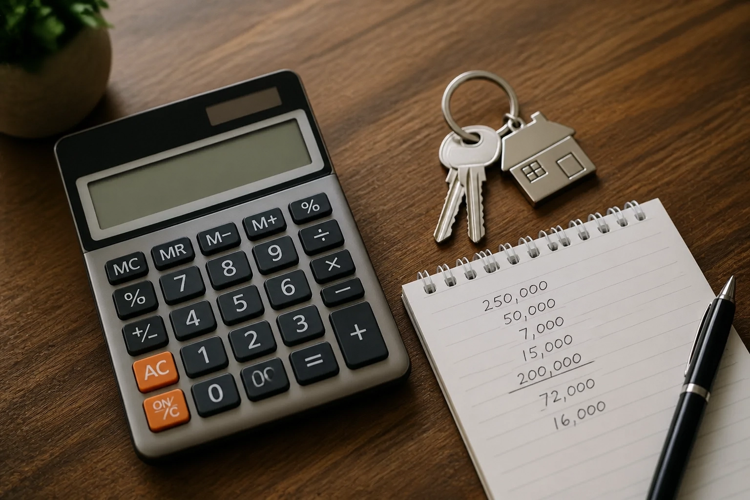 Top-down view of a desk with a calculator and keys, symbolizing the financial strategy behind a successful flip.
