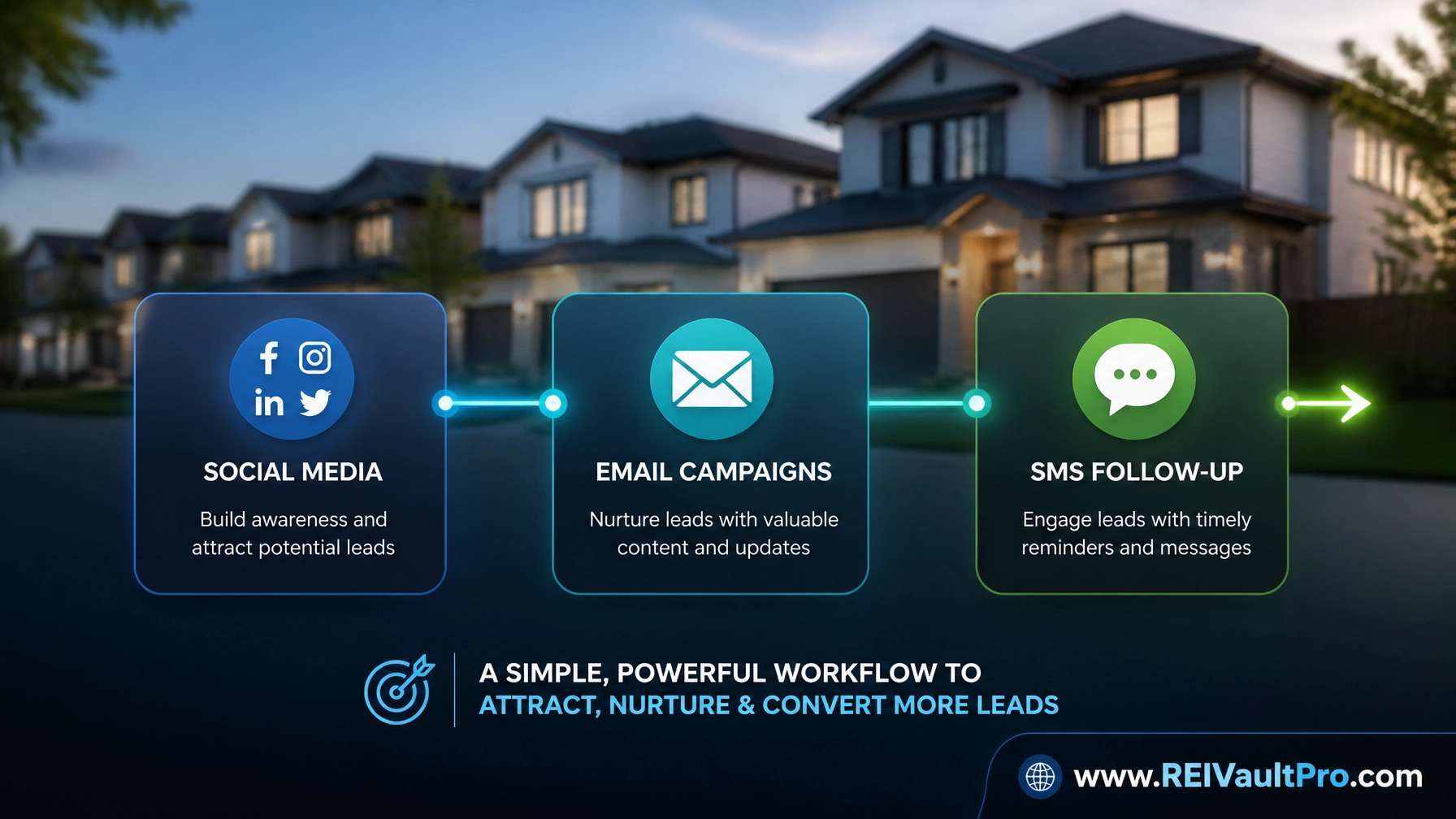 A professional landscape visualization of a real estate marketing workflow showing Social Media and Email Campaigns