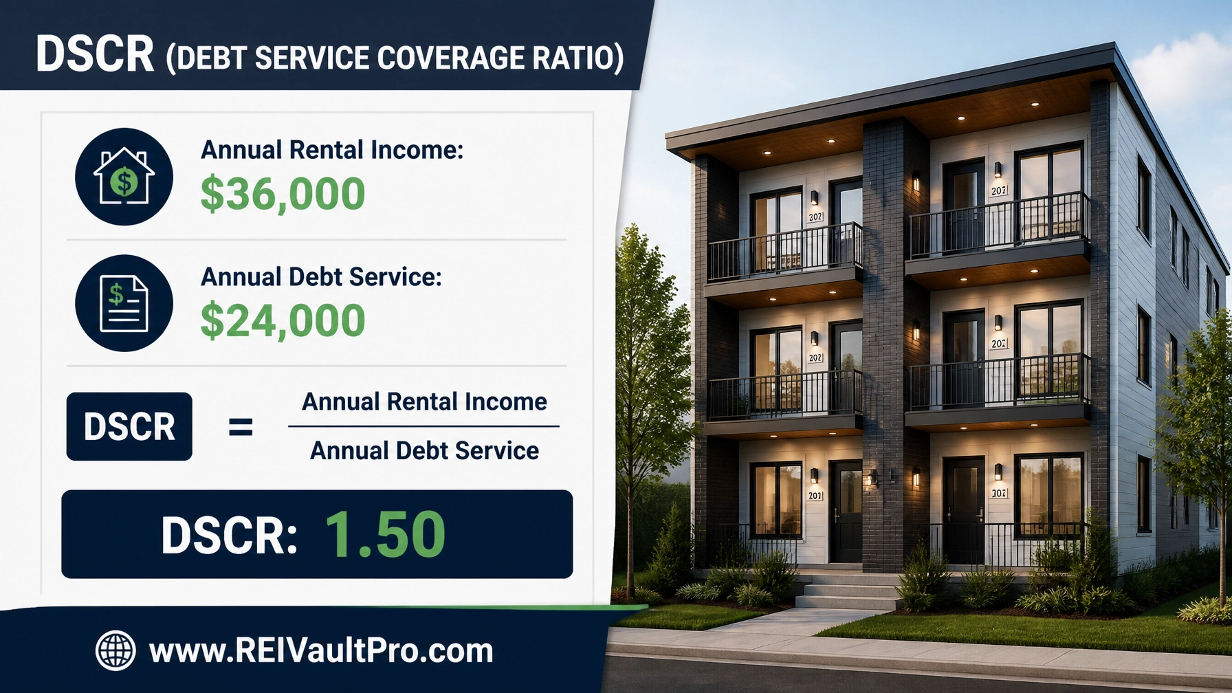 A professional financial chart showing a DSCR calculation with rental income and debt service
