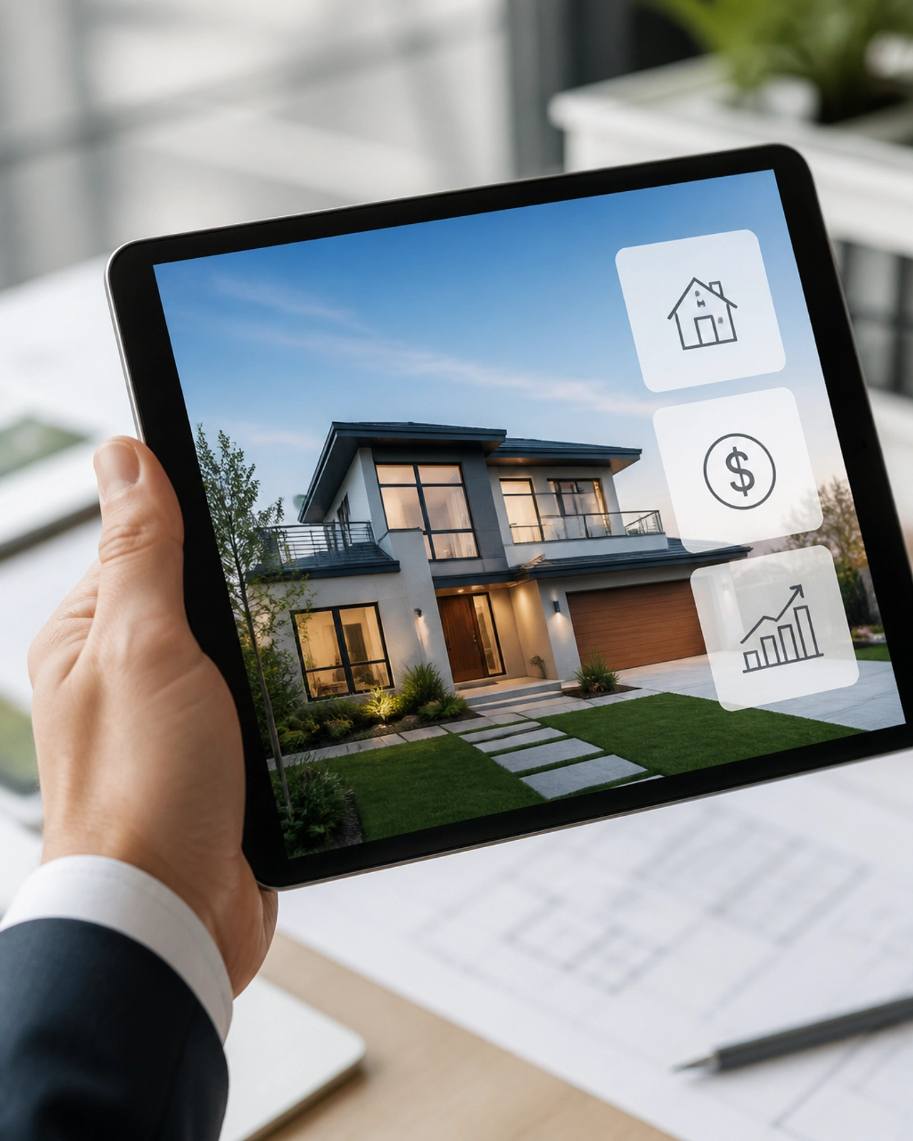 A professional hand holding a sleek tablet showing a modern suburban house with minimalist financial icons.