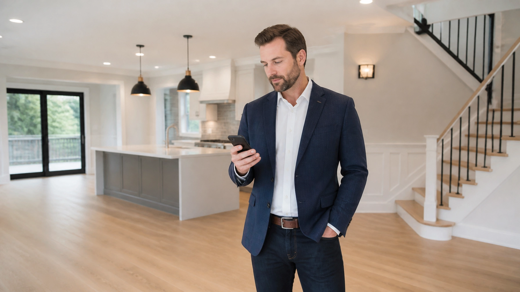 A modern real estate investor standing in a bright home, looking thoughtfully at a smartphone.