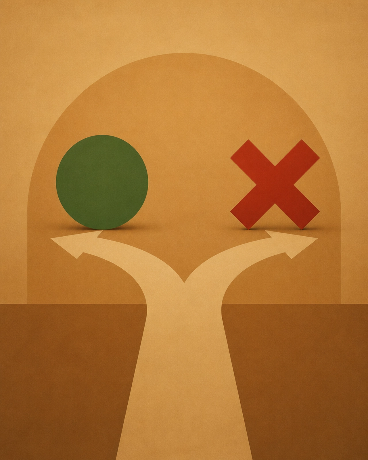 A minimalist graphic with a green circle and a red cross representing a clear decision-making process.