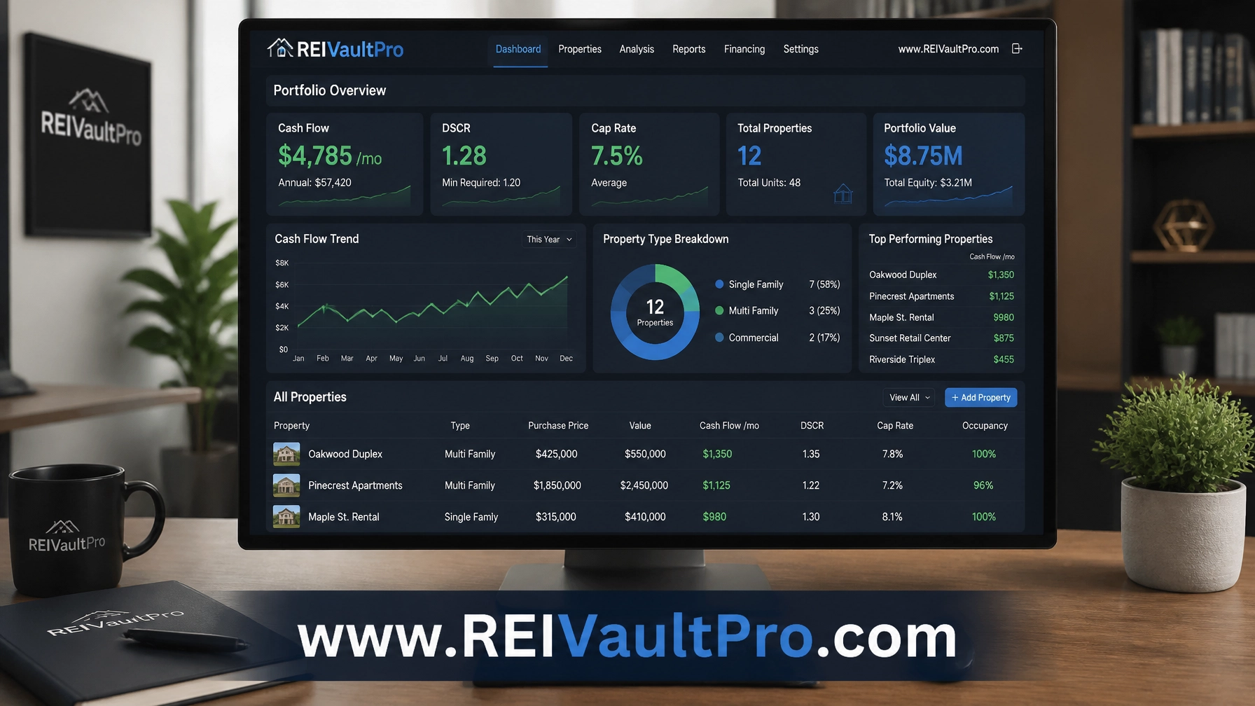 Professional real estate investment dashboard showing cash flow and DSCR metrics