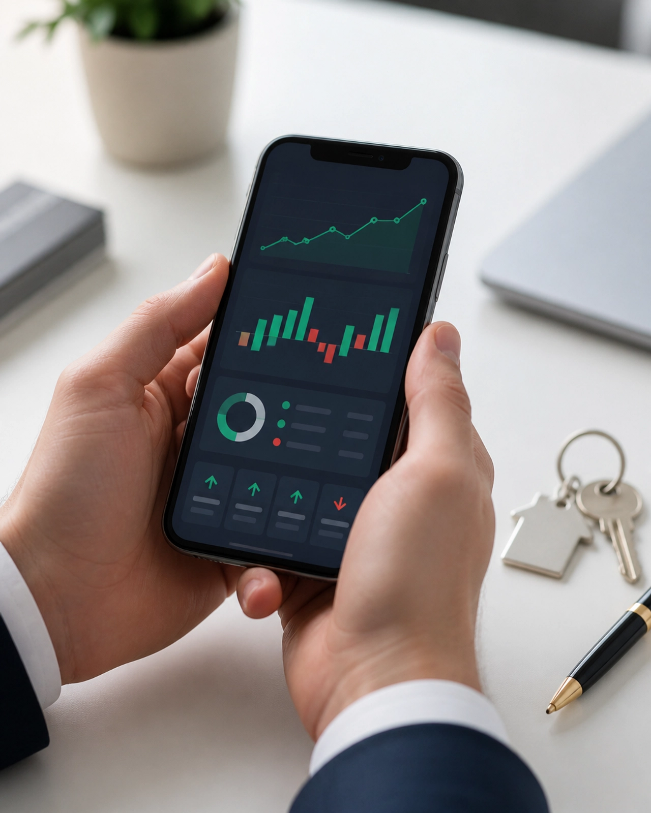 A person holding a smartphone displaying a clean financial dashboard with property data.