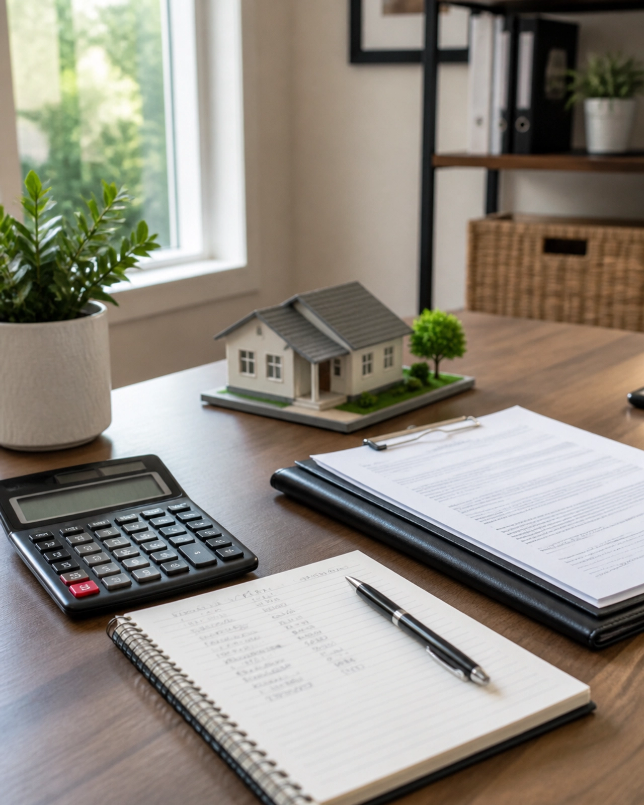 A clean home office desk with a calculator and real estate contracts.