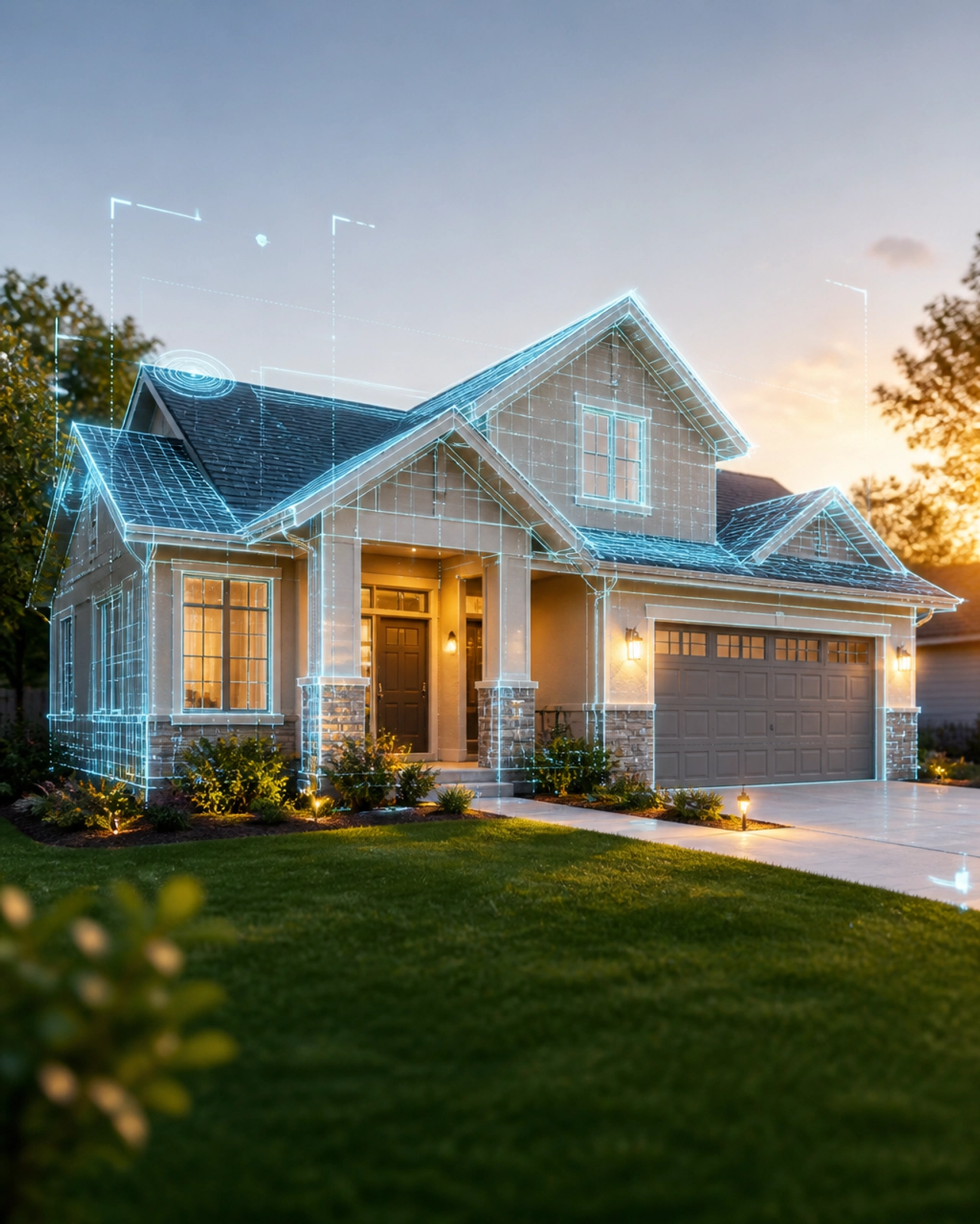 A modern suburban house at sunset with a conceptual data scanning overlay.