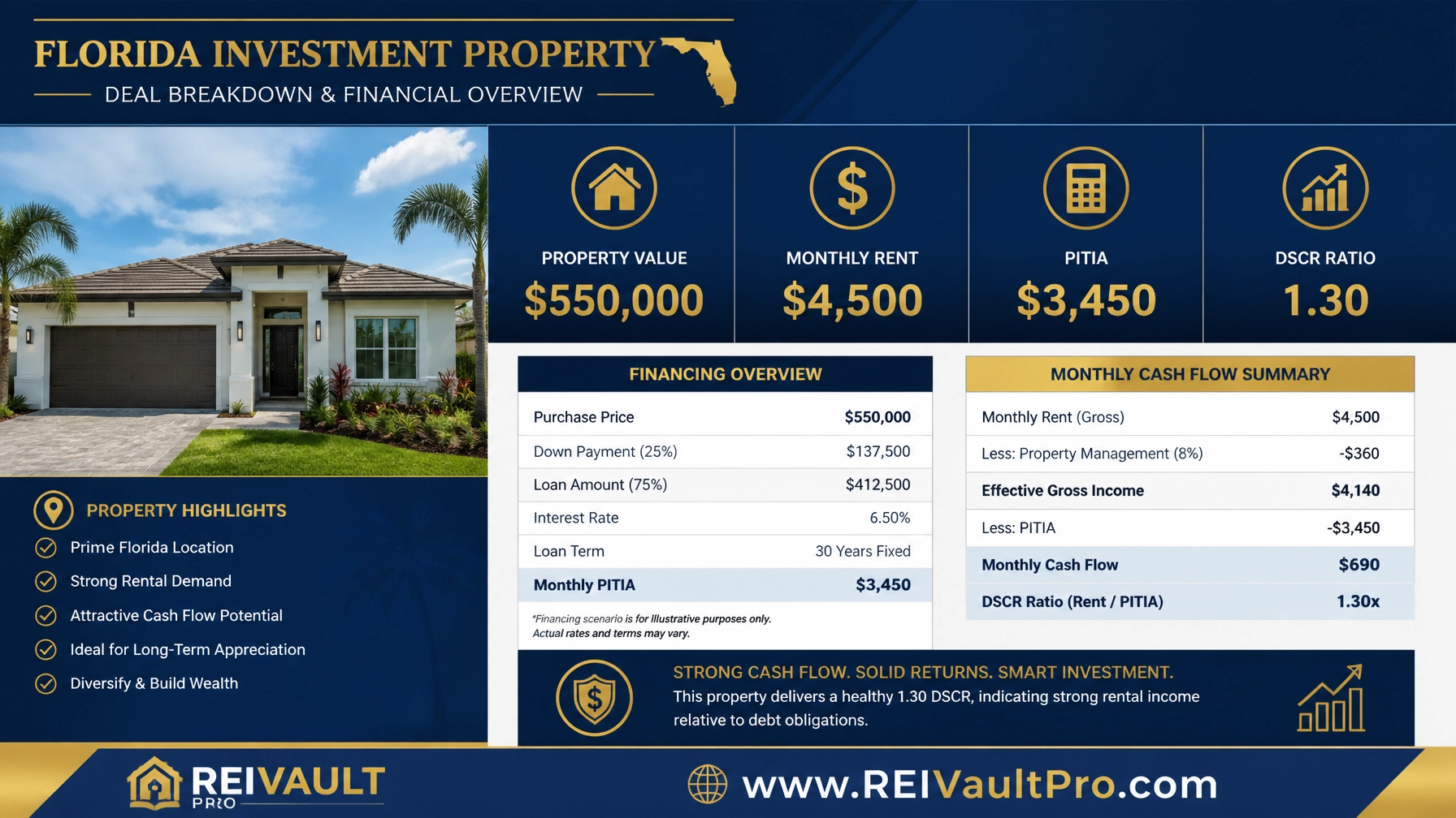 Financial infographic and DSCR deal breakdown chart for a Florida investment property.