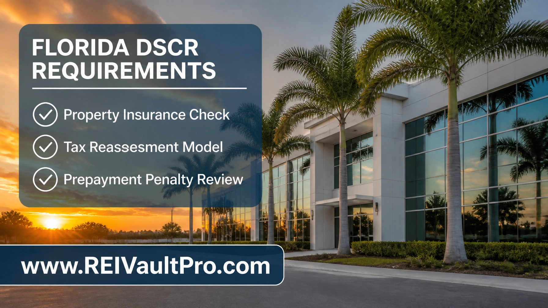 Checklist of Florida DSCR requirements with an office building backdrop.