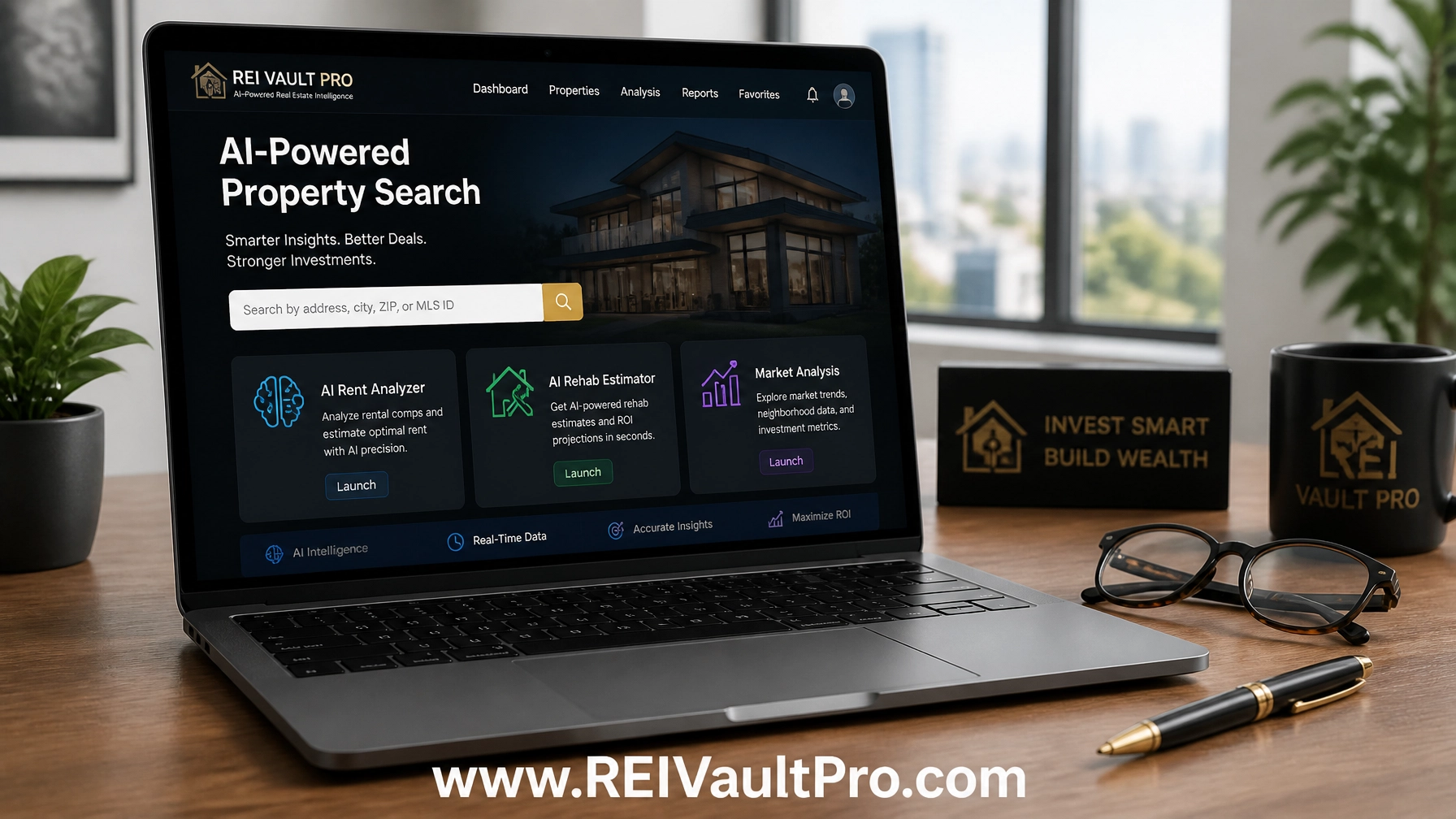Sleek modern laptop displaying the REI Vault Pro AI search interface