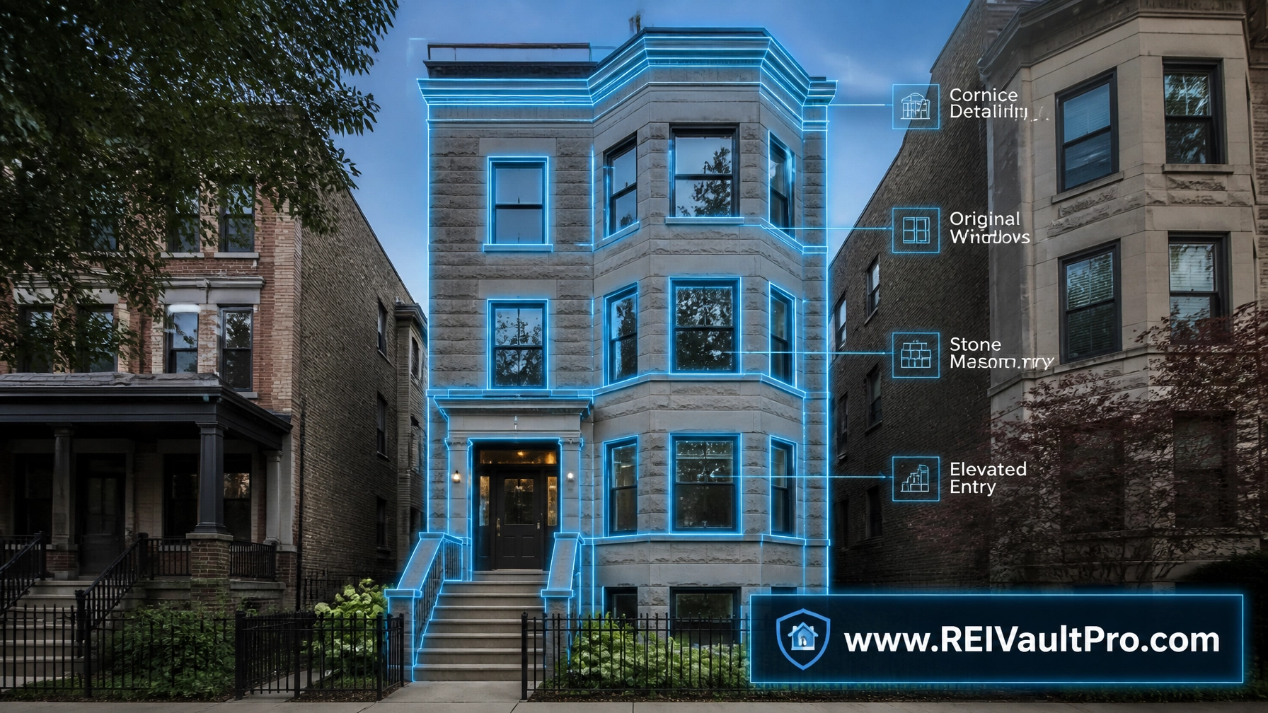 Classic Chicago greystone 3-flat building with AI scanning graphics