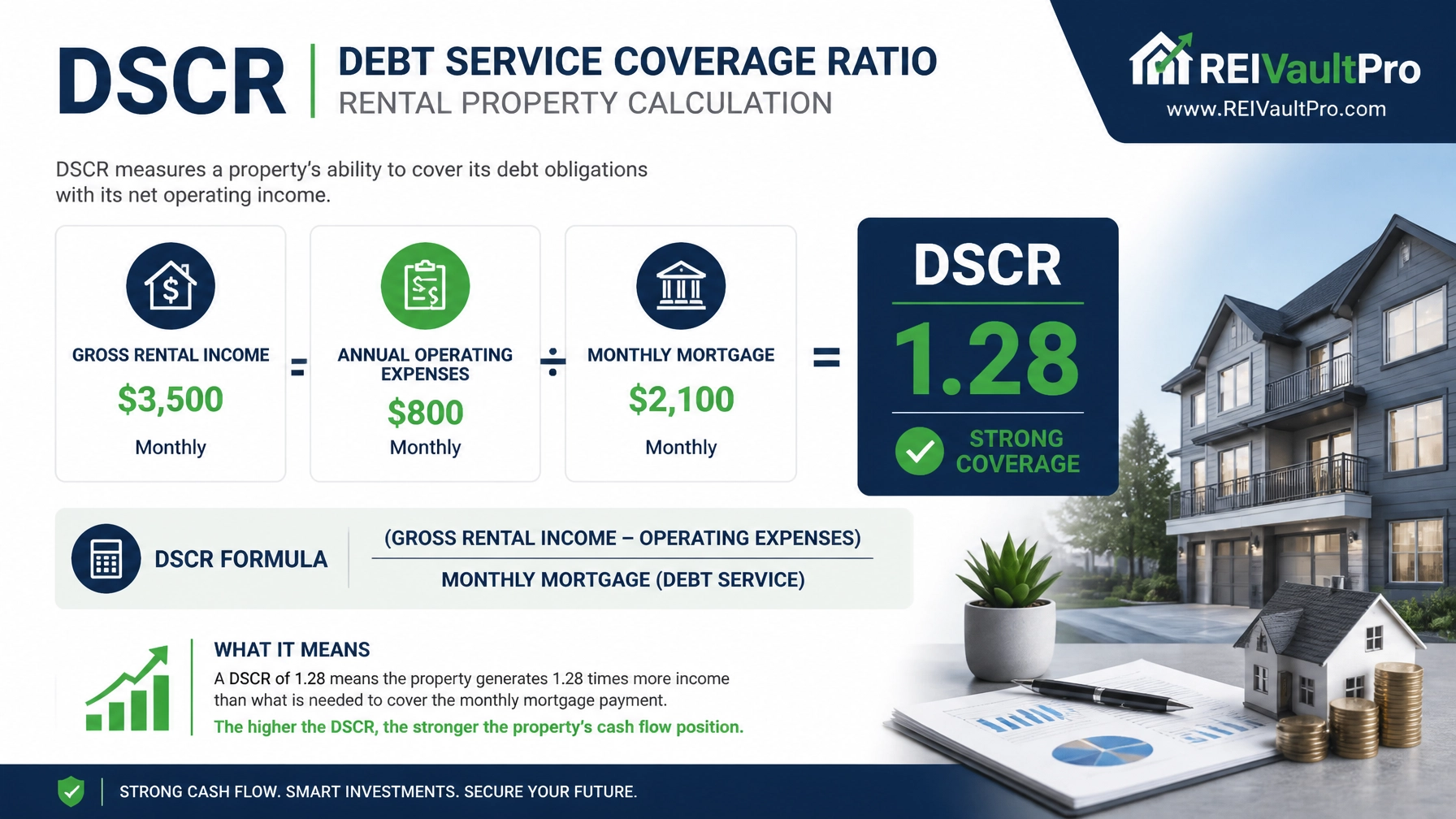 DSCR calculation infographic showing rental income and mortgage payments for a property