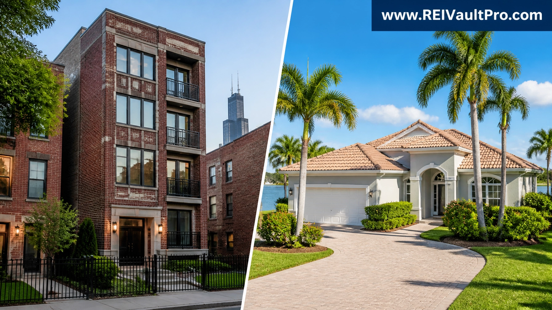 A professional photo of a Chicago multi-unit building and a Florida residential property