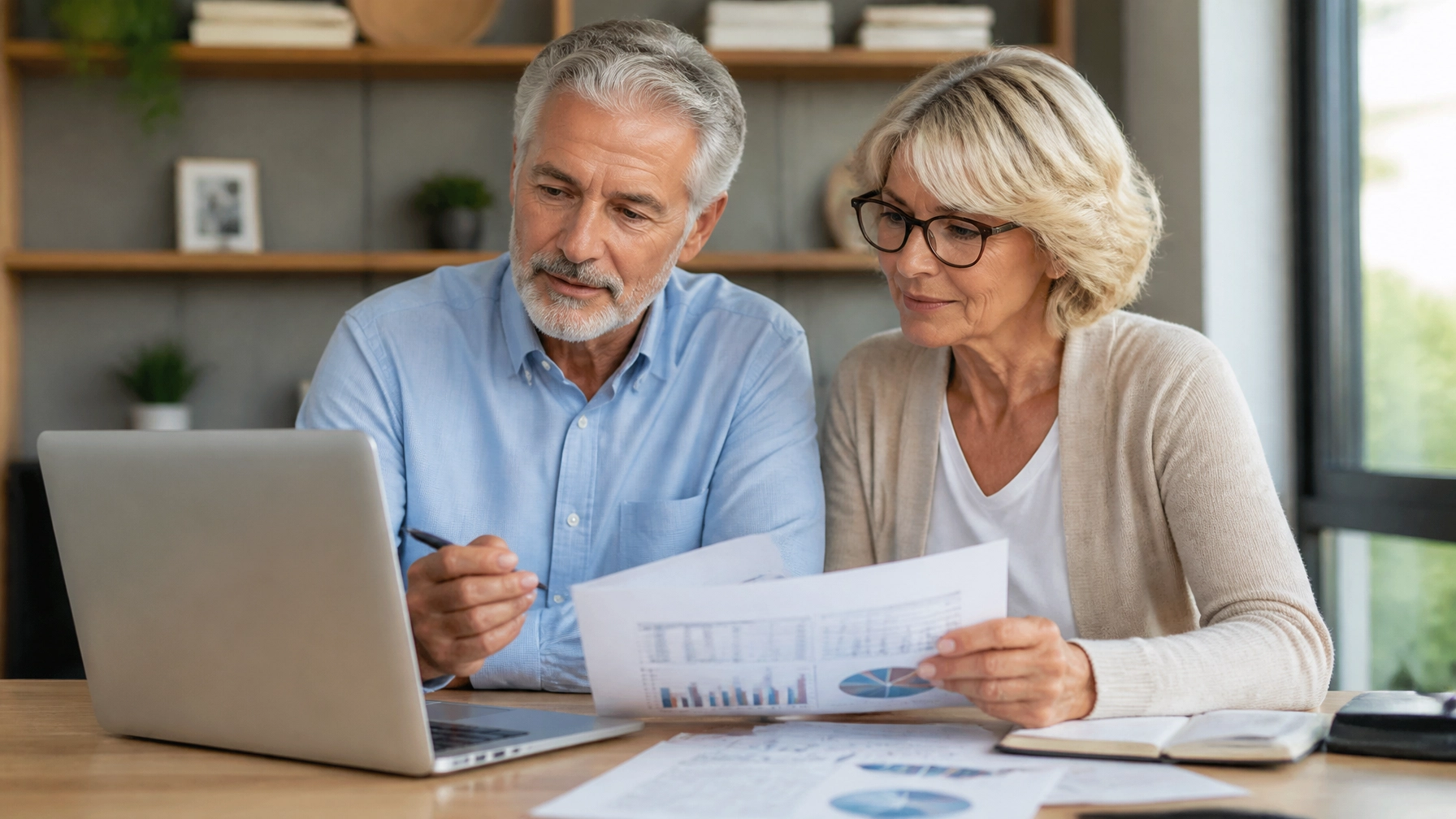 A senior couple reviewing real estate investment charts and a laptop screen in a modern, sunlit home office.