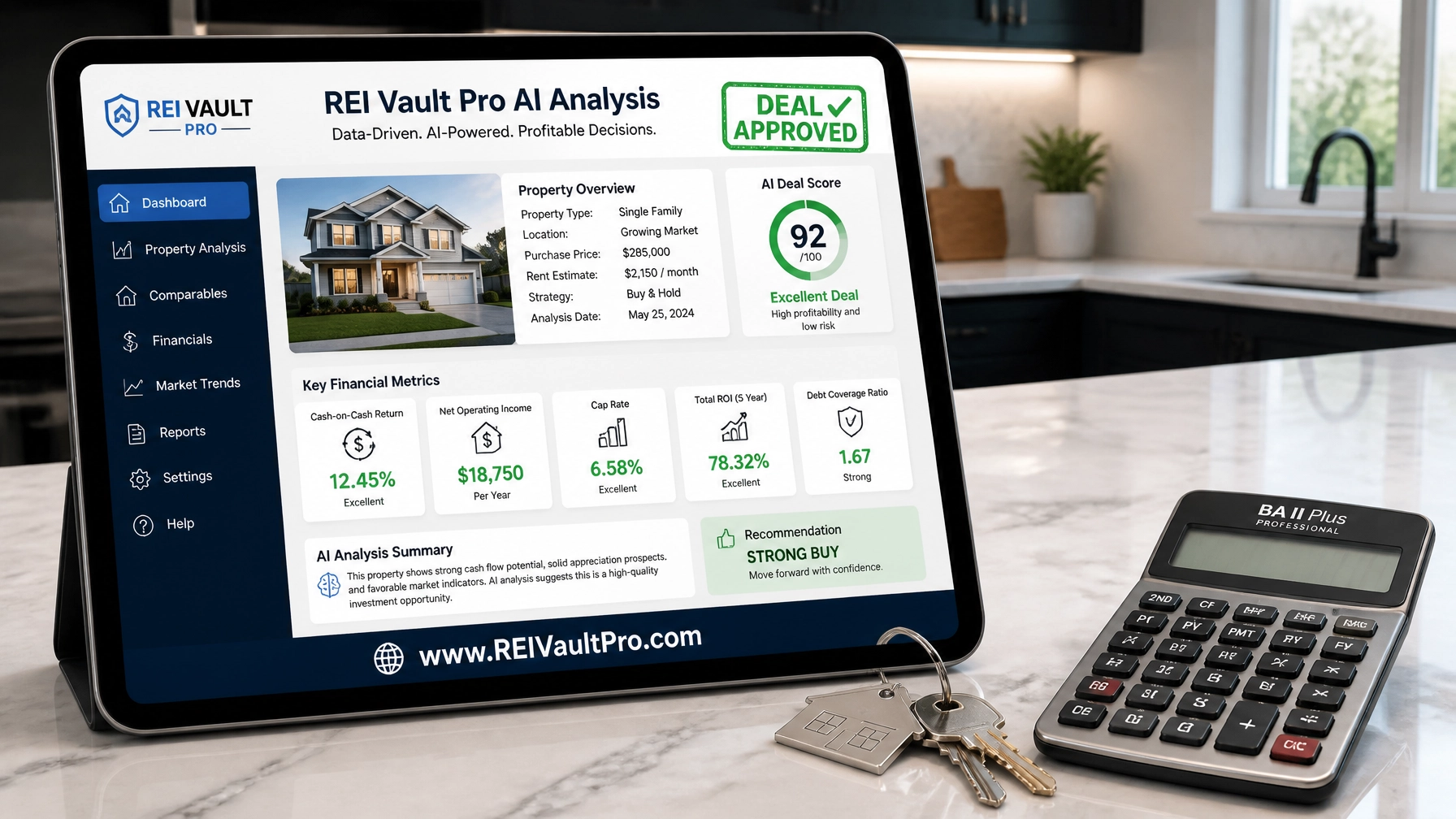 REI Vault Pro AI Analysis dashboard showing deal approval metrics