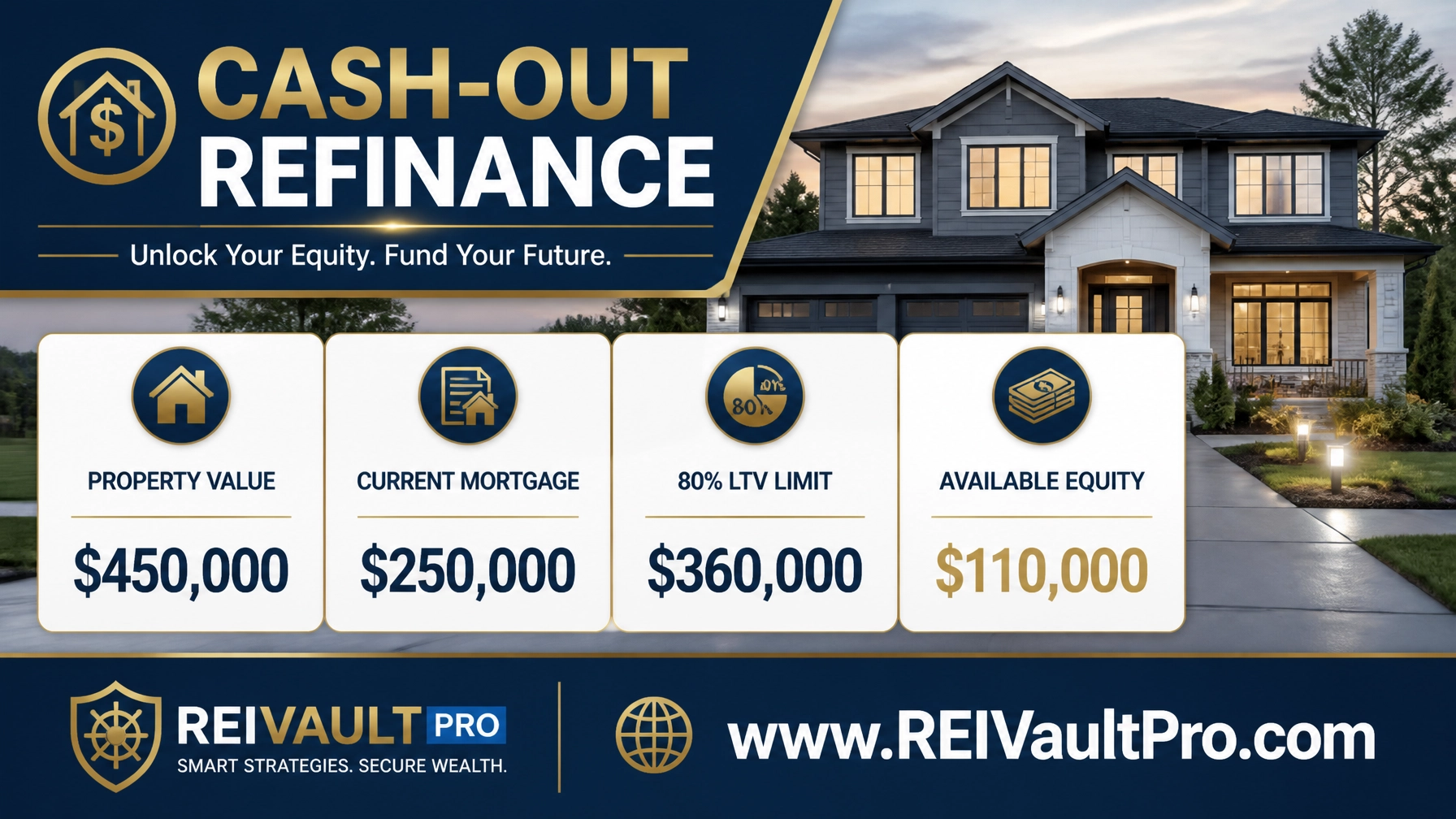 Financial breakdown graphic for a real estate cash-out refinance showing property value and available equity.