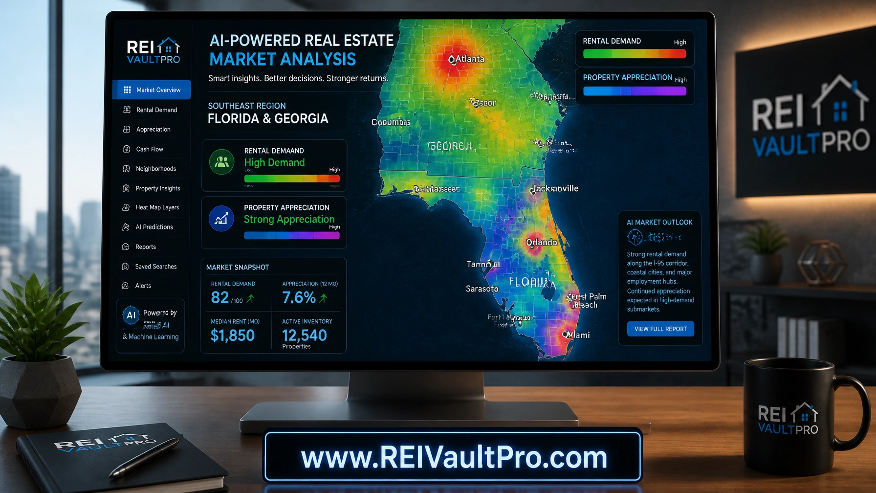 Professional illustration of an AI-powered real estate market analysis map showing rental demand.