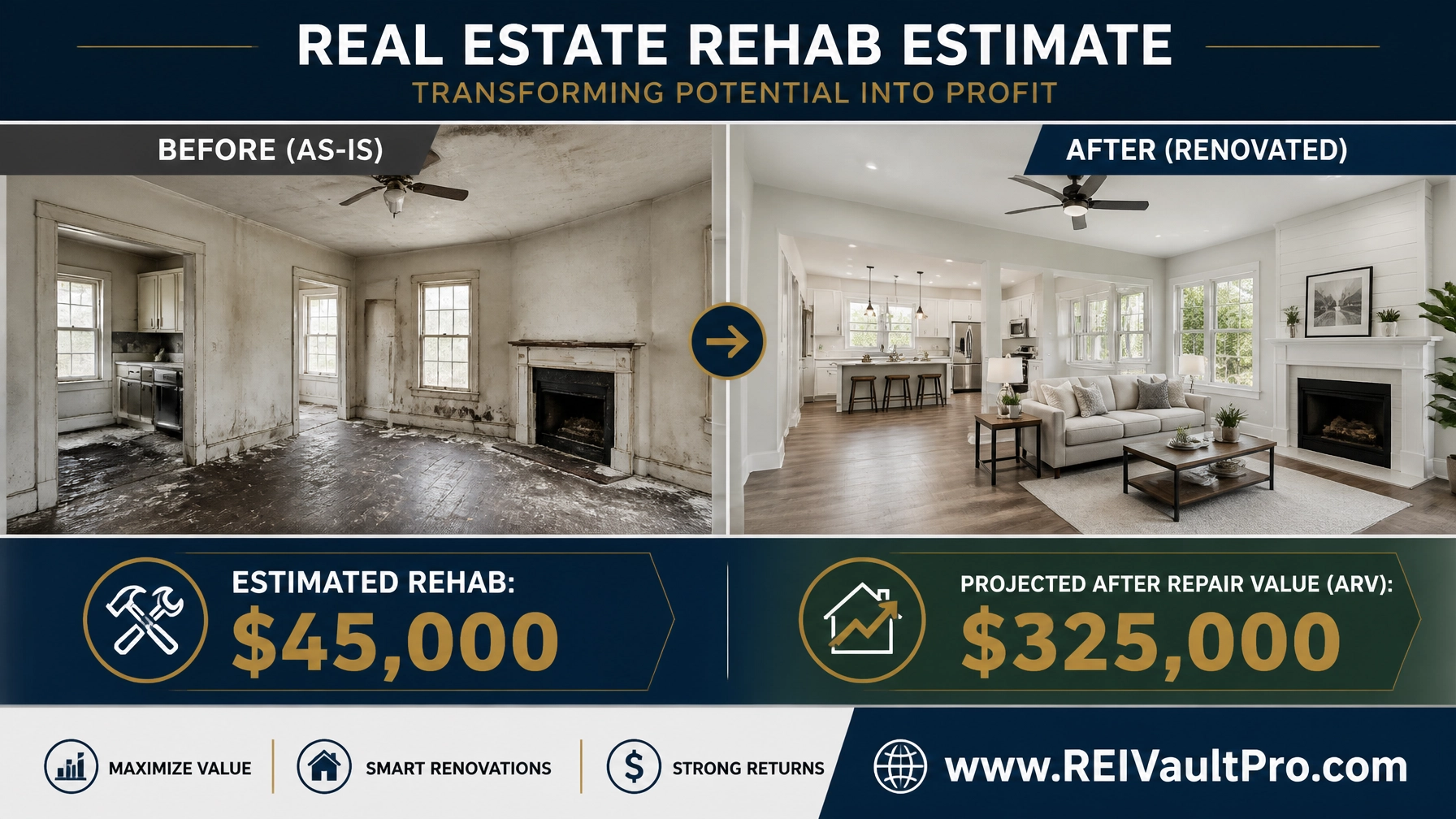 Detailed real estate rehab estimation graphic showing before and after comparisons with cost projections.