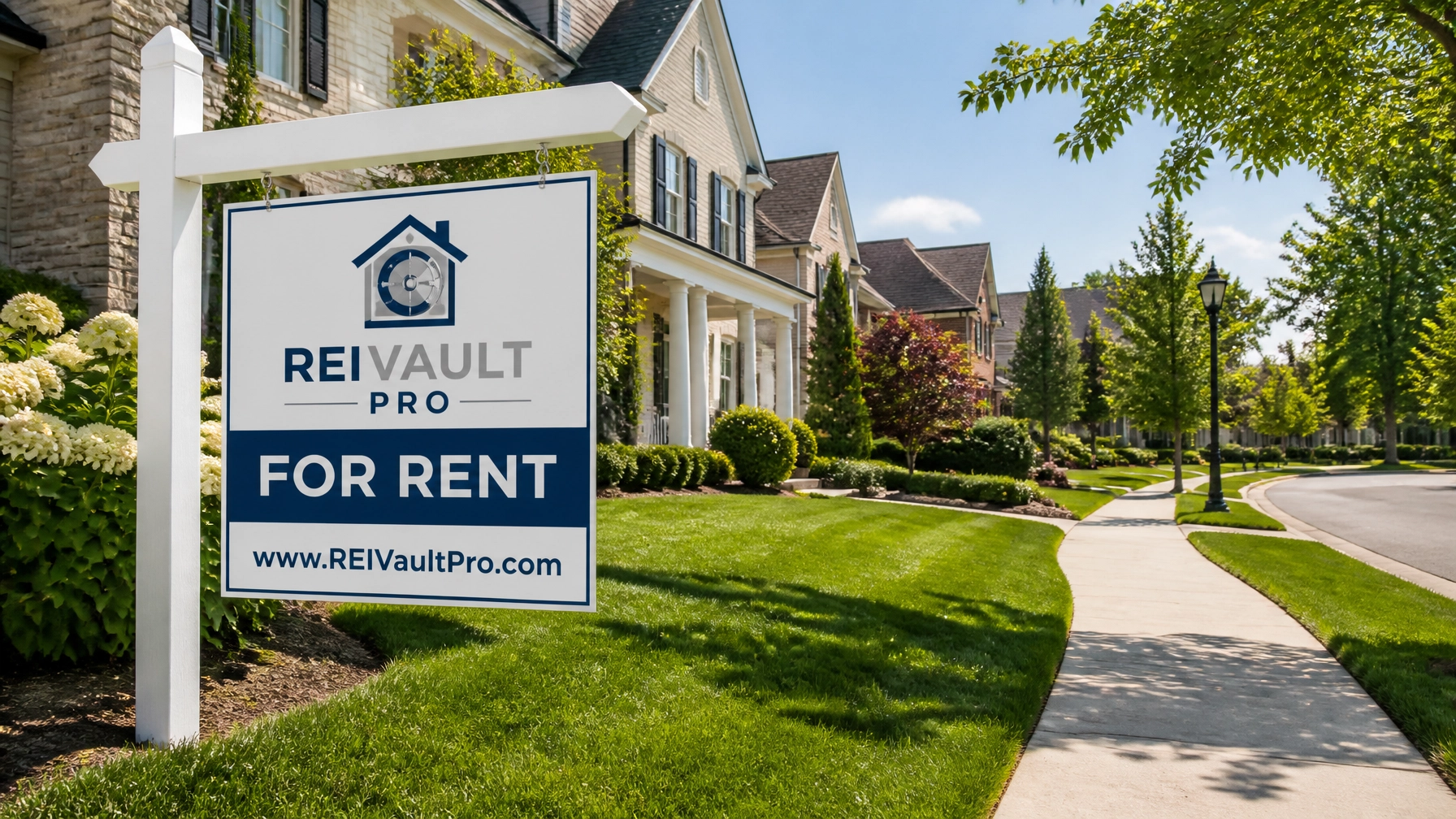 High-end residential neighborhood street with a For Rent sign representing a successful investment.