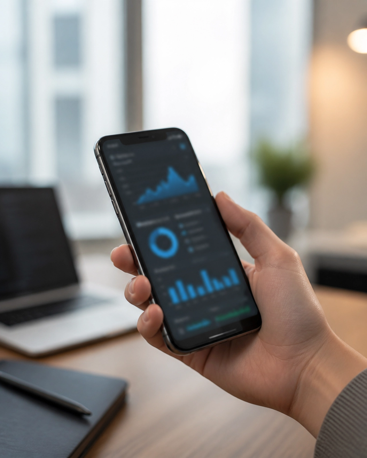 A professional using a smartphone to review real estate investment data and charts.