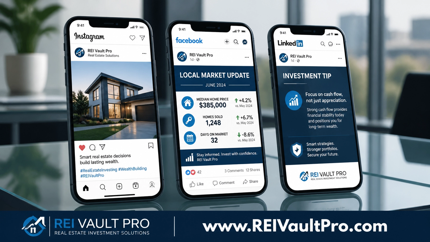 Three smartphones displaying automated real estate social media posts across different platforms.
