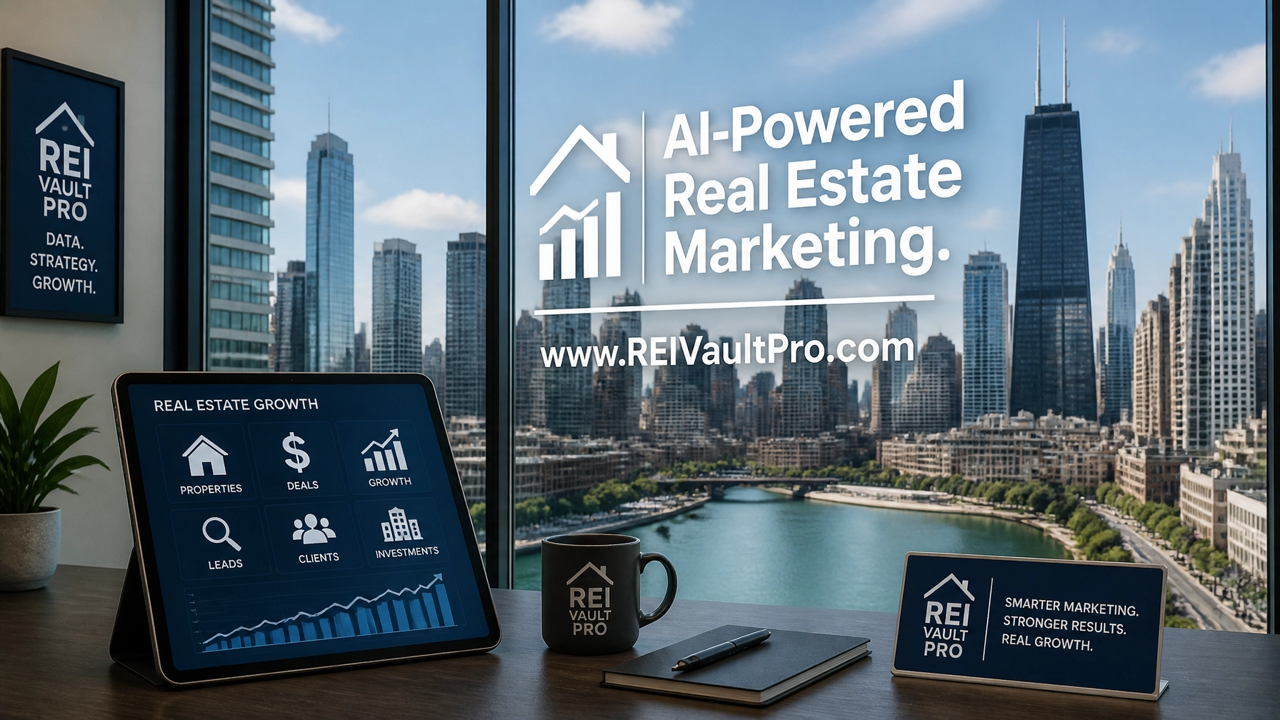 Modern real estate office with a tablet displaying financial growth and AI marketing icons.