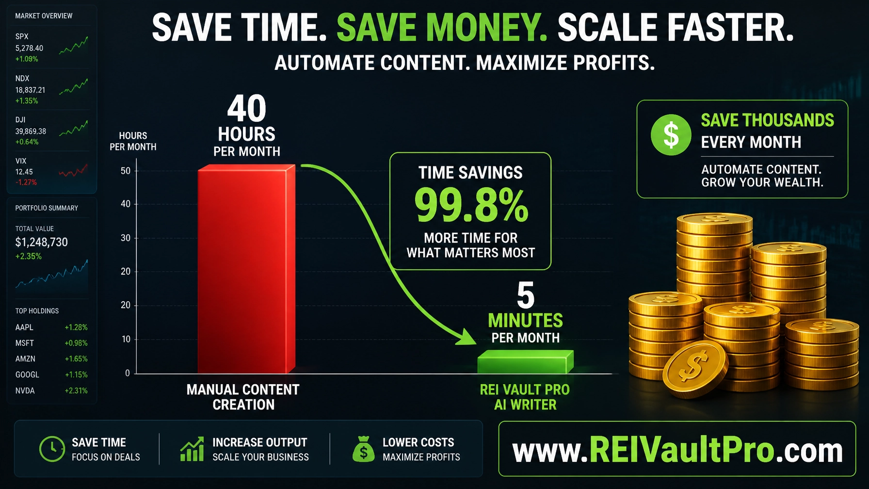 A financial chart comparing the time and cost savings of manual content creation versus using REI Vault Pro.